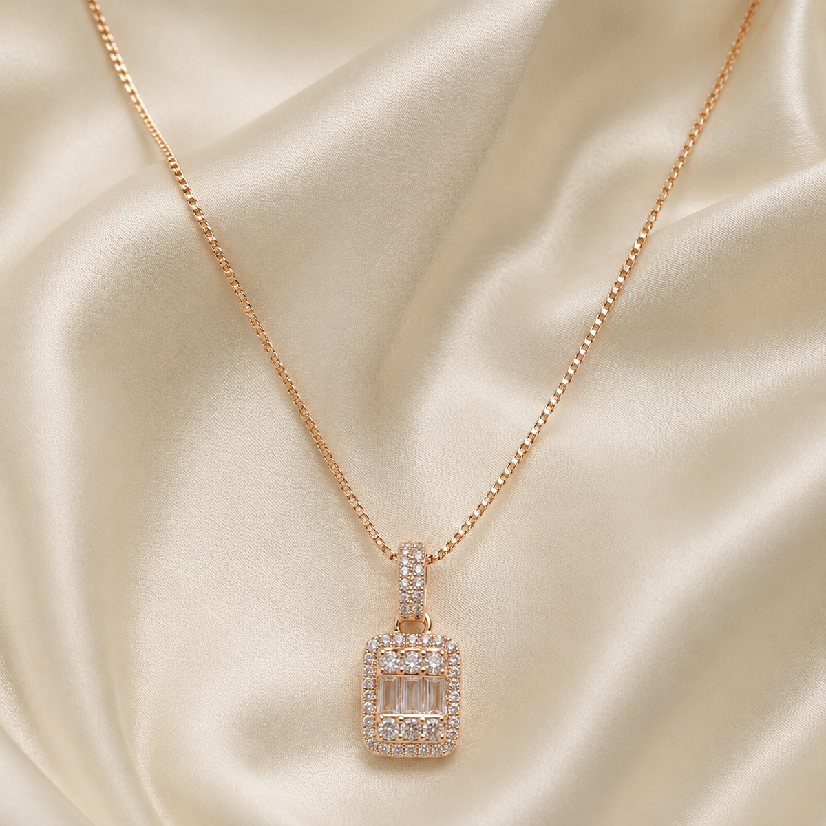 Rose Gold Rectangular Pendant Necklace for Women | Elegant Crystal Stone Designer Chain Necklace