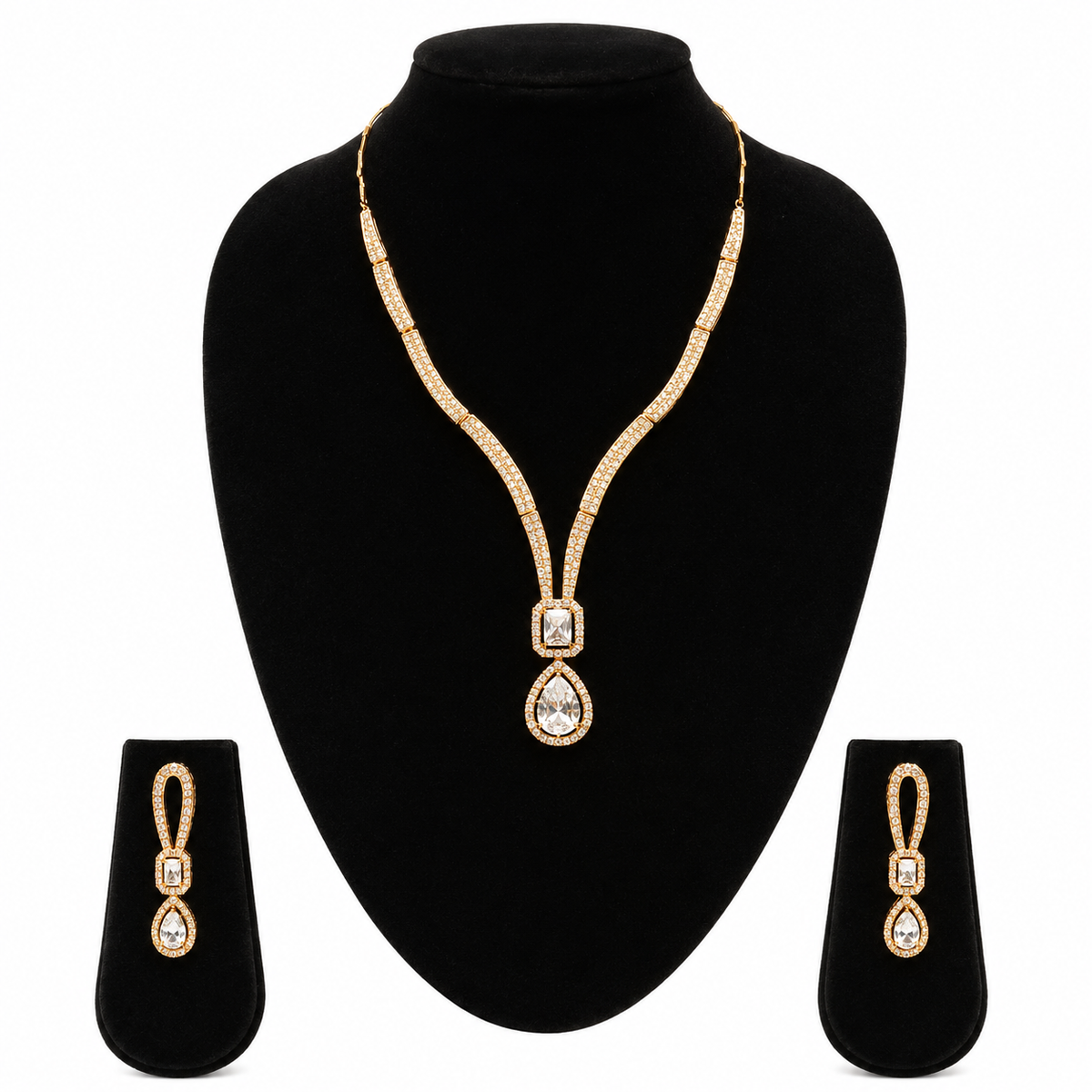 YLOCART Gold Plated CZ Necklace and Earrings Set for Women | Elegant Crystal Pendant Jewellery Set | Party, Wedding & Festive Wear