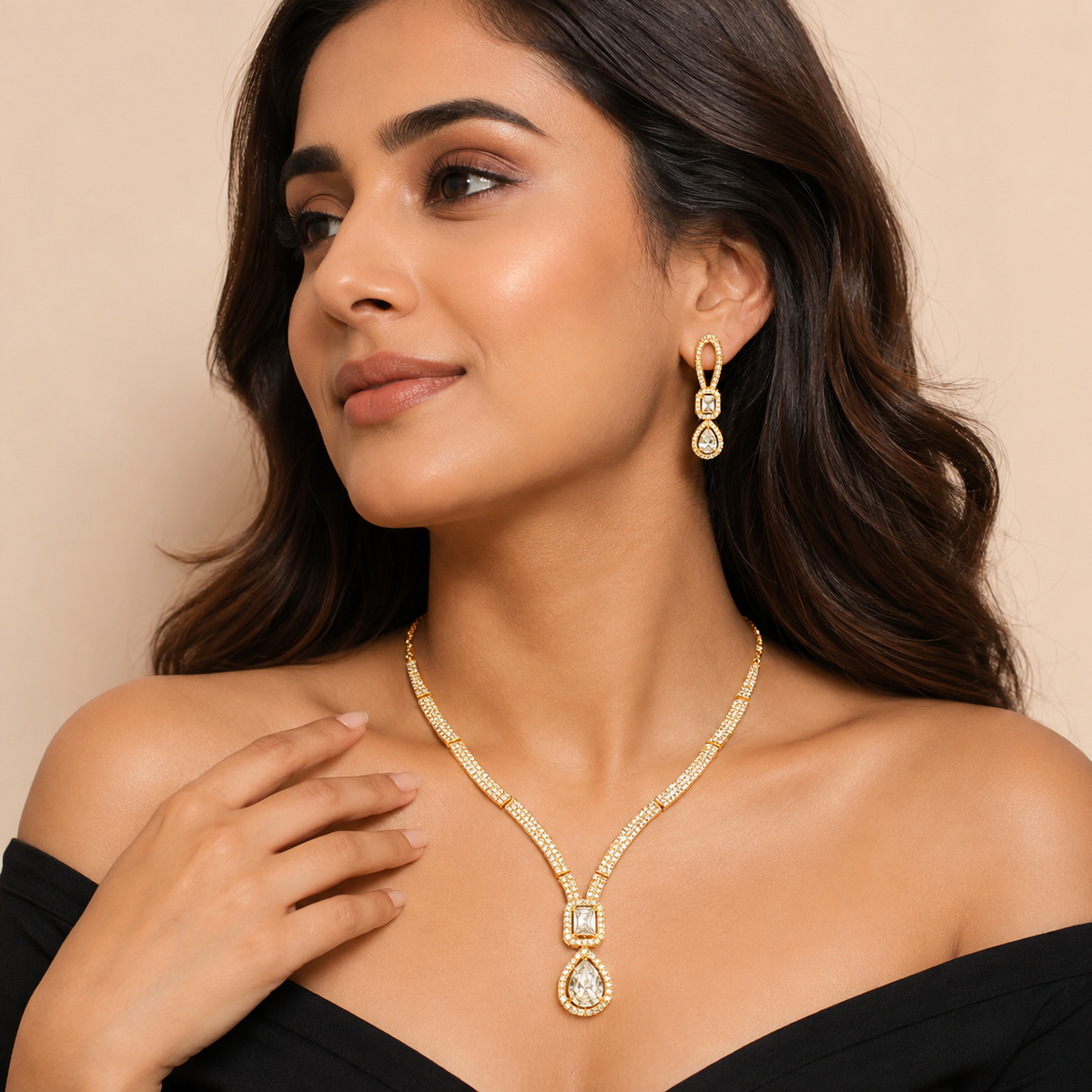 YLOCART Gold Plated CZ Necklace and Earrings Set for Women | Elegant Crystal Pendant Jewellery Set | Party, Wedding & Festive Wear