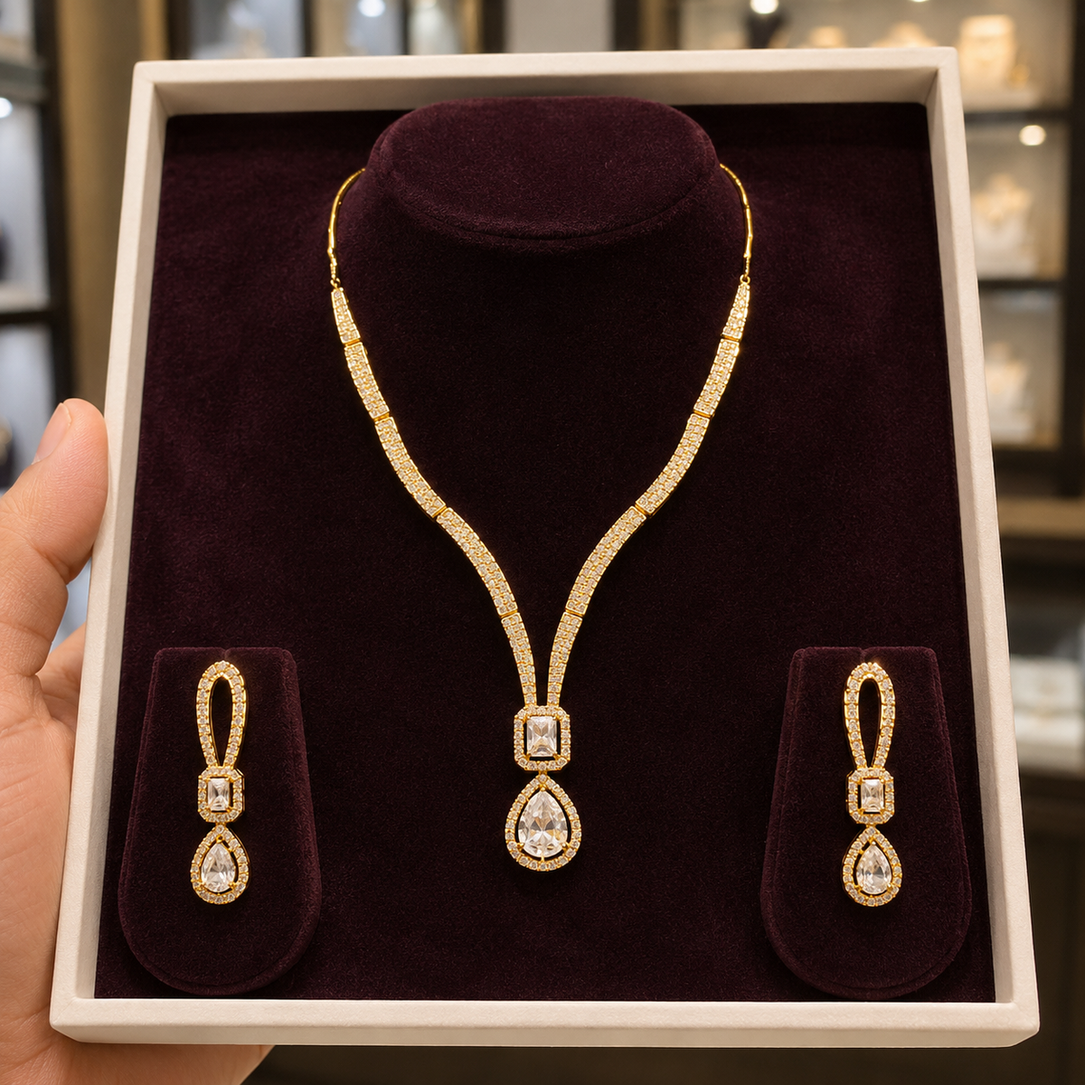 YLOCART Gold Plated CZ Necklace and Earrings Set for Women | Elegant Crystal Pendant Jewellery Set | Party, Wedding & Festive Wear