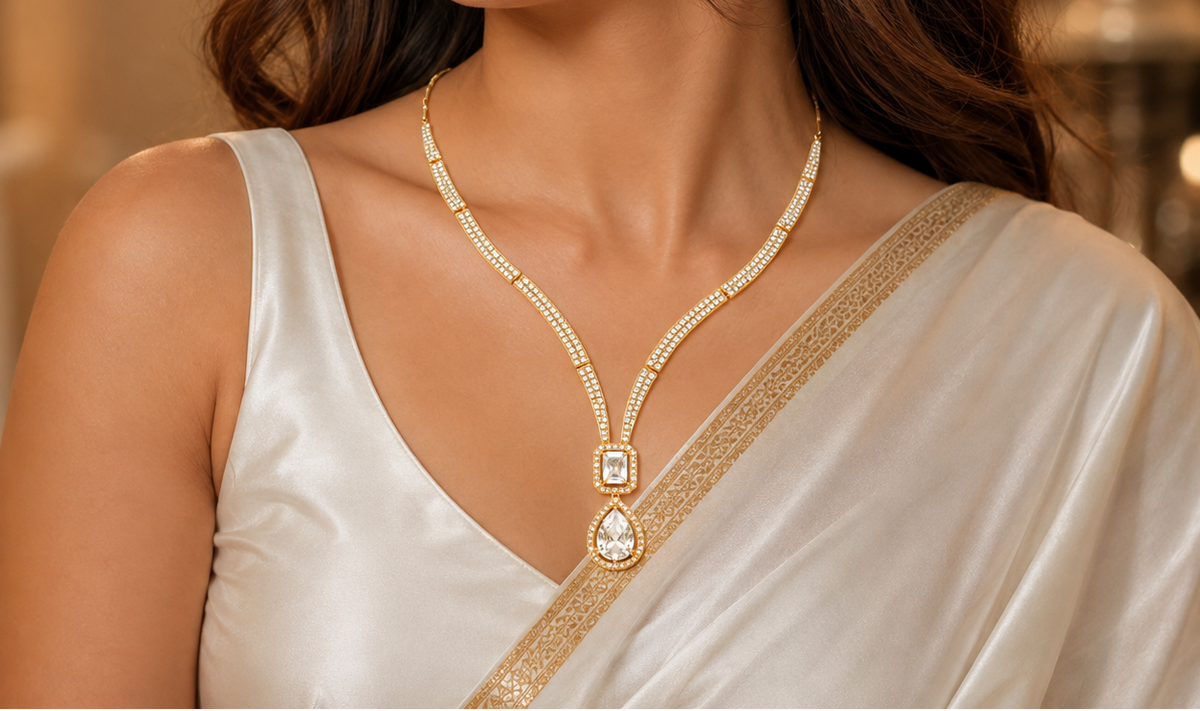 YLOCART Gold Plated CZ Necklace and Earrings Set for Women | Elegant Crystal Pendant Jewellery Set | Party, Wedding & Festive Wear