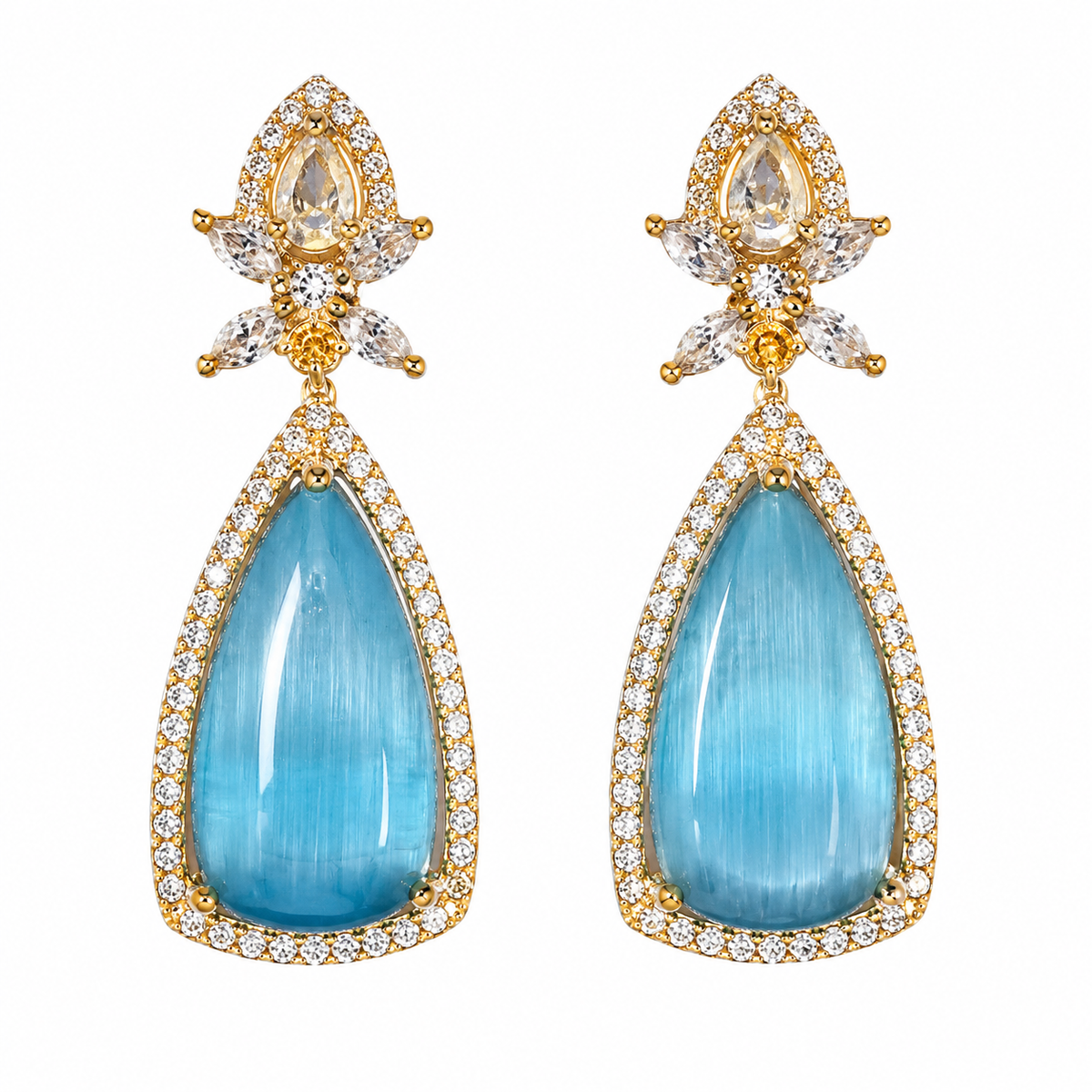 Gold Tone Blue Teardrop Earrings for Women | Crystal Studded Floral Drop Earrings | Elegant Party Wear Jewellery