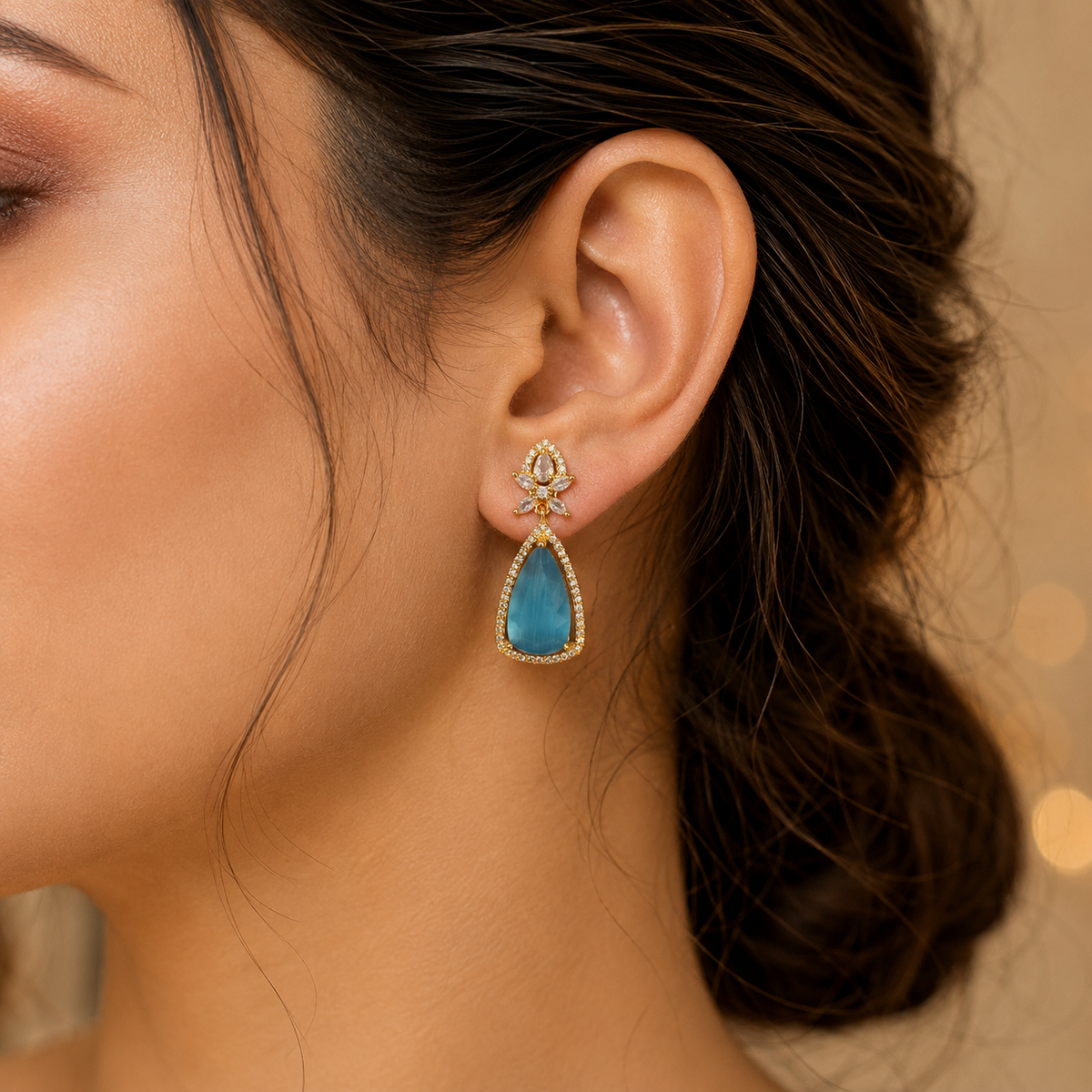 Gold Tone Blue Teardrop Earrings for Women | Crystal Studded Floral Drop Earrings | Elegant Party Wear Jewellery