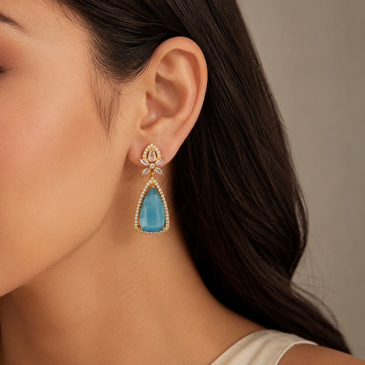 Gold Tone Blue Teardrop Earrings for Women | Crystal Studded Floral Drop Earrings | Elegant Party Wear Jewellery