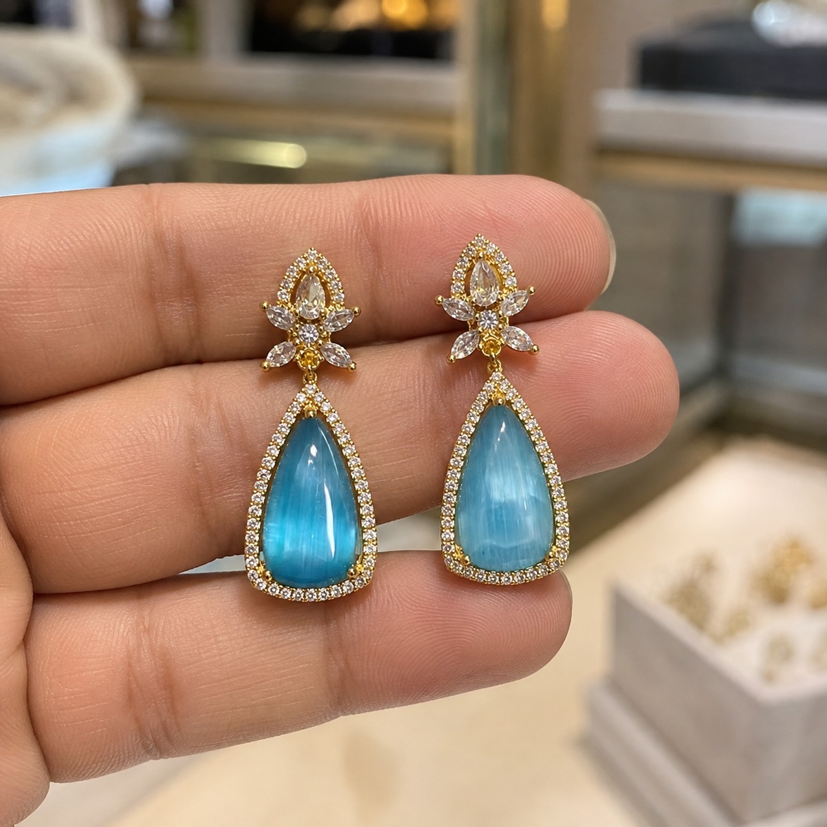 Gold Tone Blue Teardrop Earrings for Women | Crystal Studded Floral Drop Earrings | Elegant Party Wear Jewellery