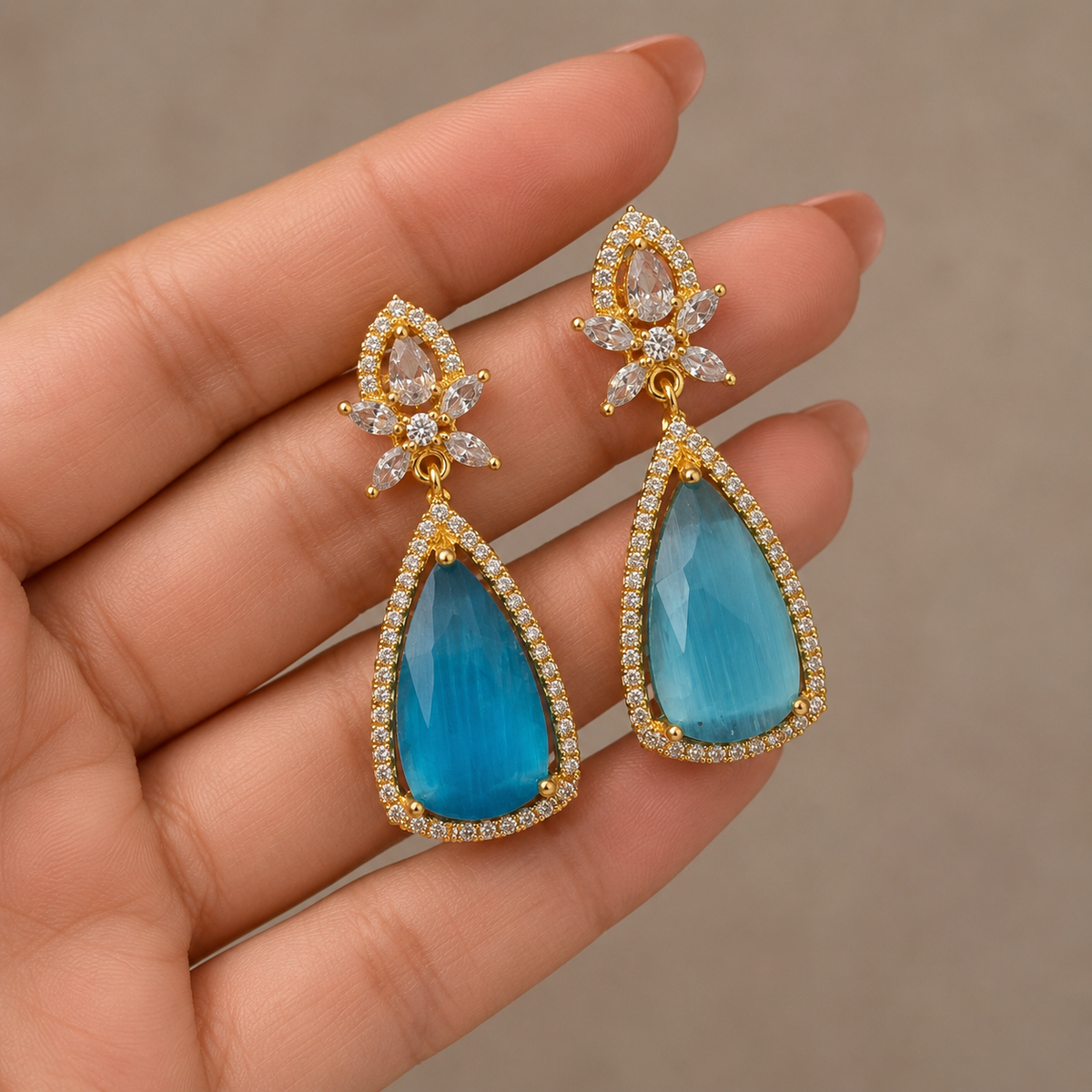 Gold Tone Blue Teardrop Earrings for Women | Crystal Studded Floral Drop Earrings | Elegant Party Wear Jewellery