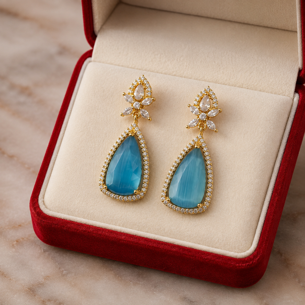 Gold Tone Blue Teardrop Earrings for Women | Crystal Studded Floral Drop Earrings | Elegant Party Wear Jewellery