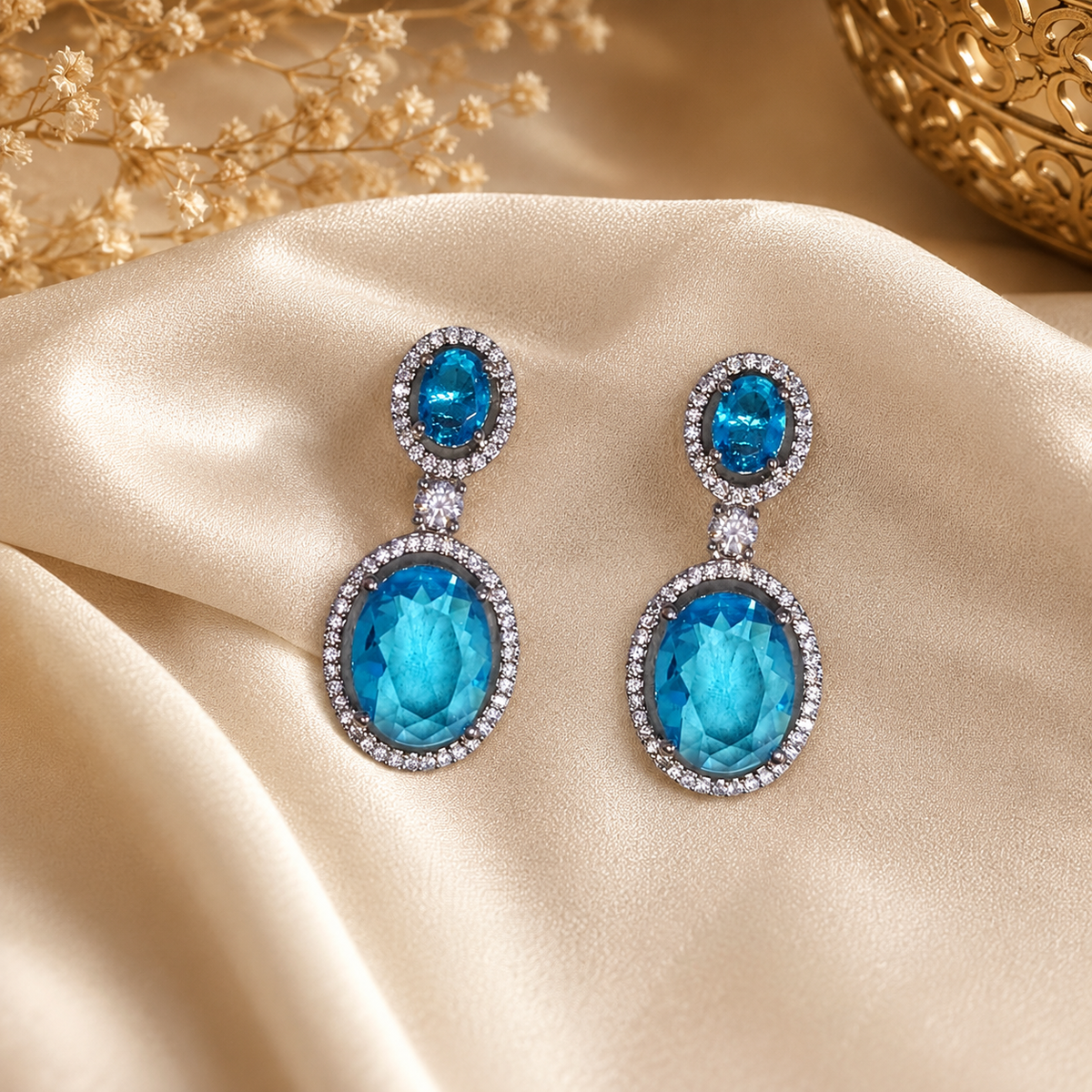 Blue Oval Drop Earrings for Women | Crystal Studded Double Oval Earrings | Elegant Party Wear Jewellery