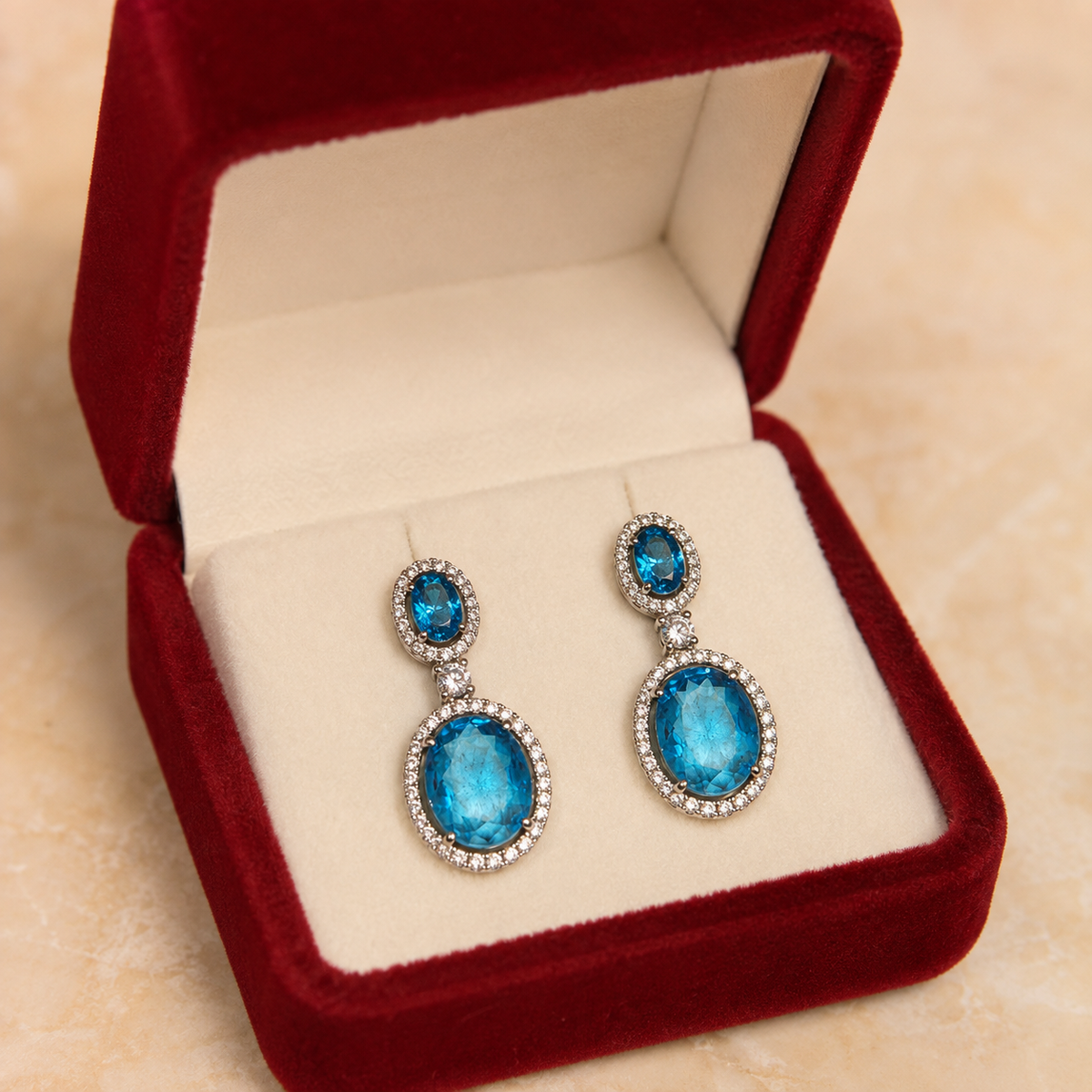 Blue Oval Drop Earrings for Women | Crystal Studded Double Oval Earrings | Elegant Party Wear Jewellery