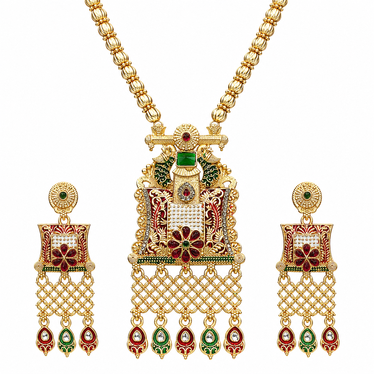 YLOCART Gold Tone Traditional Necklace and Earrings Set for Women | Multicolor Ethnic Bridal Jewellery Set