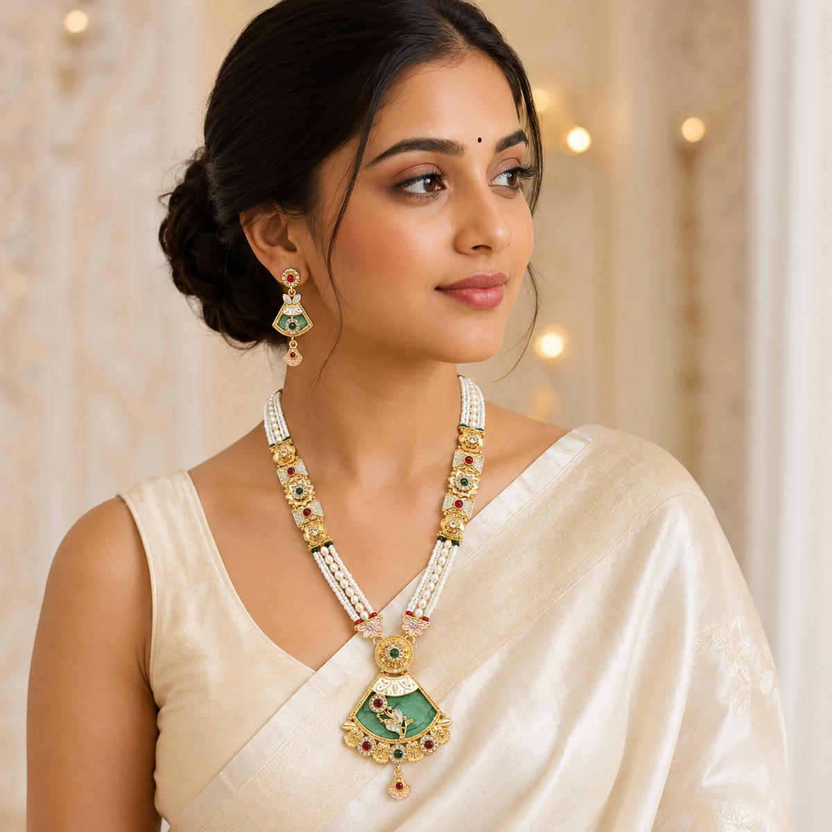YLOCART Gold Tone Pearl Necklace and Earrings Set for Women | Traditional Ethnic Bridal Jewellery