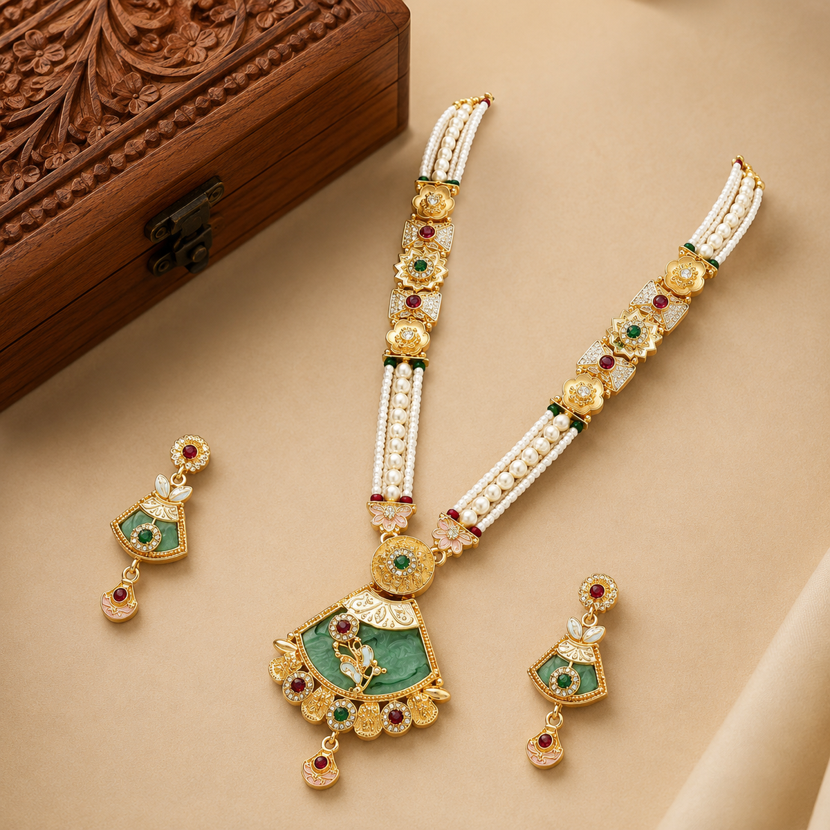YLOCART Gold Tone Pearl Necklace and Earrings Set for Women | Traditional Ethnic Bridal Jewellery