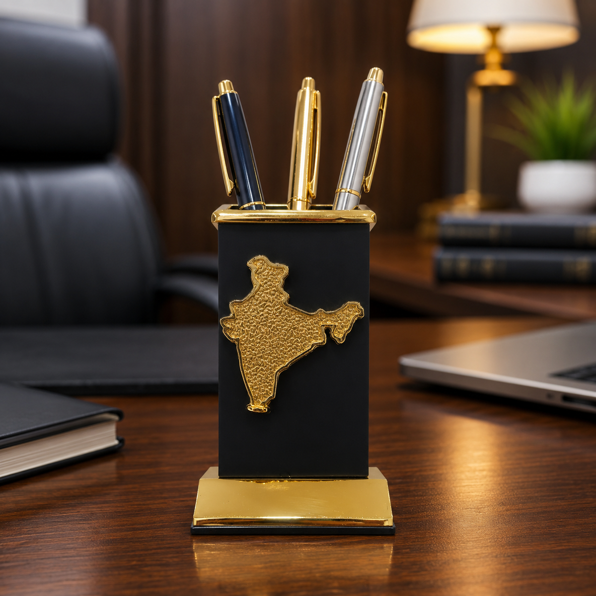 India Map Pen Stand for Office Table, Black & Gold-Tone Desk Organizer, Decorative Pencil Holder and Tabletop Showpiece for Home Office, Study Desk & Corporate Gifting