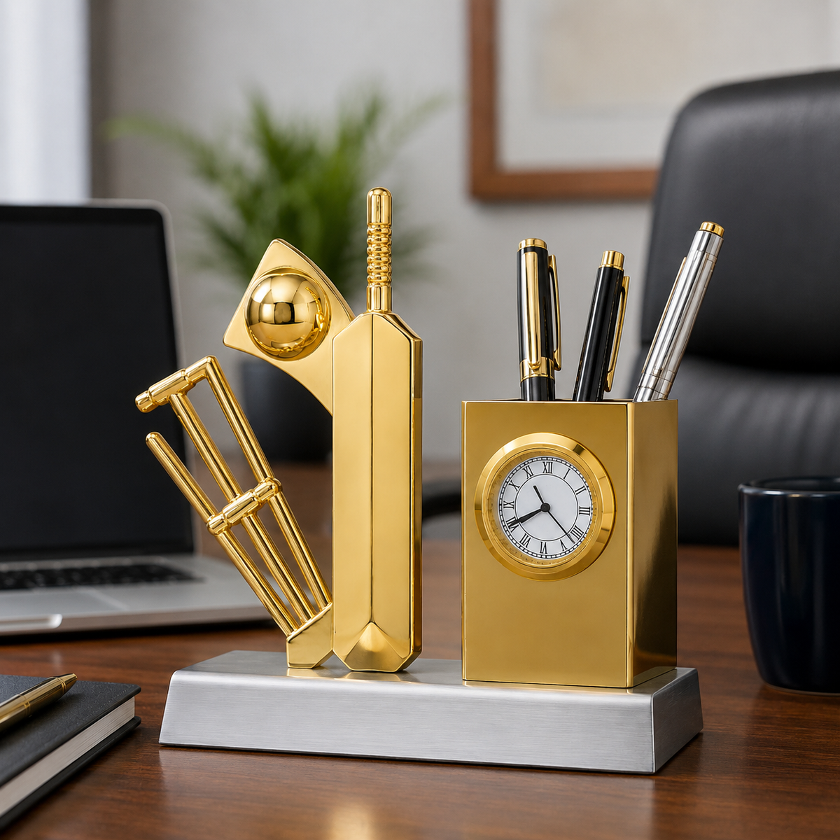 Cricket Theme Pen Stand with Analog Table Clock, Bat Ball & Stumps Desk Organizer Showpiece for Office Table, Study Desk, Home Decor, Corporate Gift for Men & Cricket Lovers, Gold Tone
