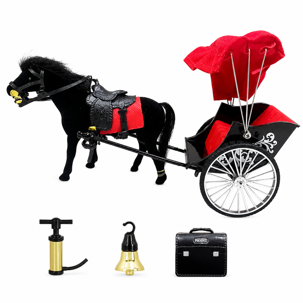 Horse Carriage Toy Playset with Black Horse, Red Canopy Cart & Accessories, Pretend Play Animal Vehicle Set for Kids, Boys & Girls, Birthday Gift
