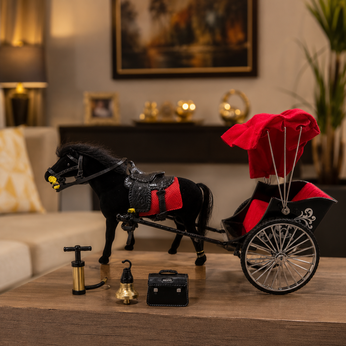 Horse Carriage Toy Playset with Black Horse, Red Canopy Cart & Accessories, Pretend Play Animal Vehicle Set for Kids, Boys & Girls, Birthday Gift