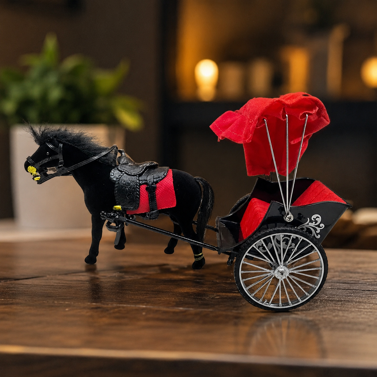 Horse Carriage Toy Playset with Black Horse, Red Canopy Cart & Accessories, Pretend Play Animal Vehicle Set for Kids, Boys & Girls, Birthday Gift