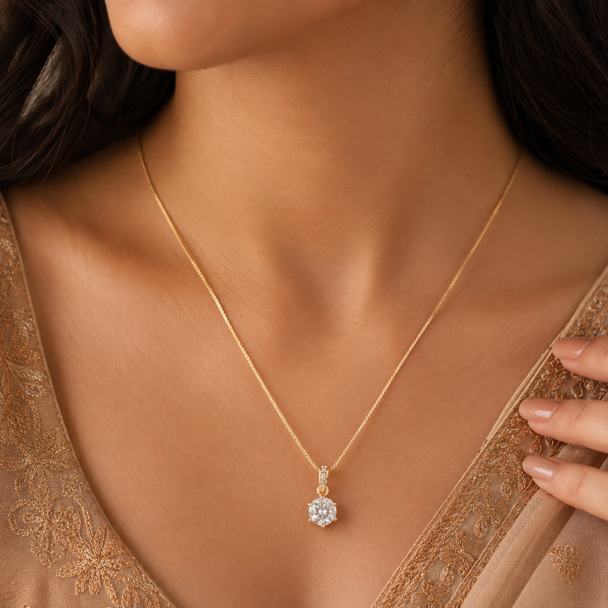 Rose Gold Round Solitaire Pendant Necklace for Women | Elegant Crystal Pendant Chain for Daily Wear & Party