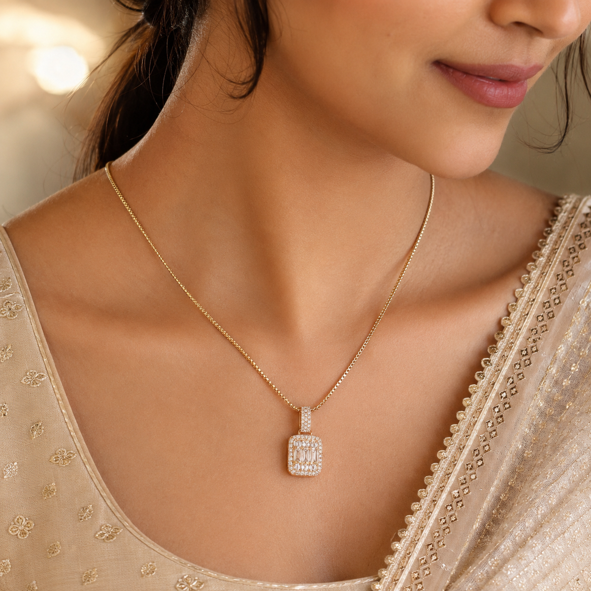 Rose Gold Rectangular Pendant Necklace for Women | Elegant Crystal Stone Designer Chain Necklace