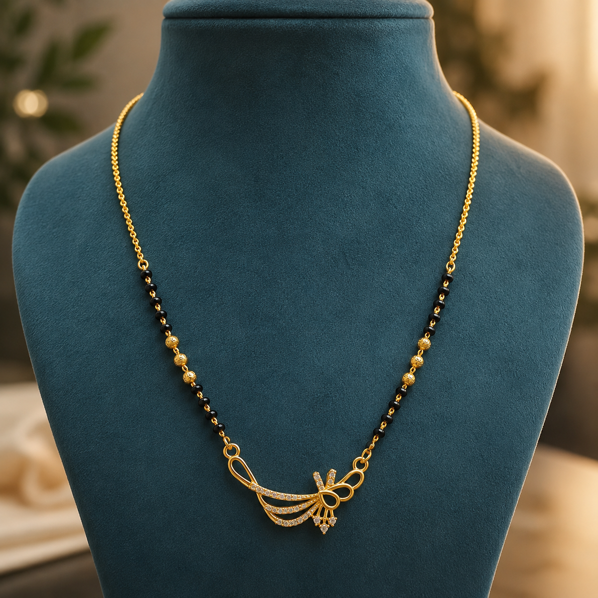 Gold Plated Black Beads Butterfly Pendant Mangalsutra Necklace for Women