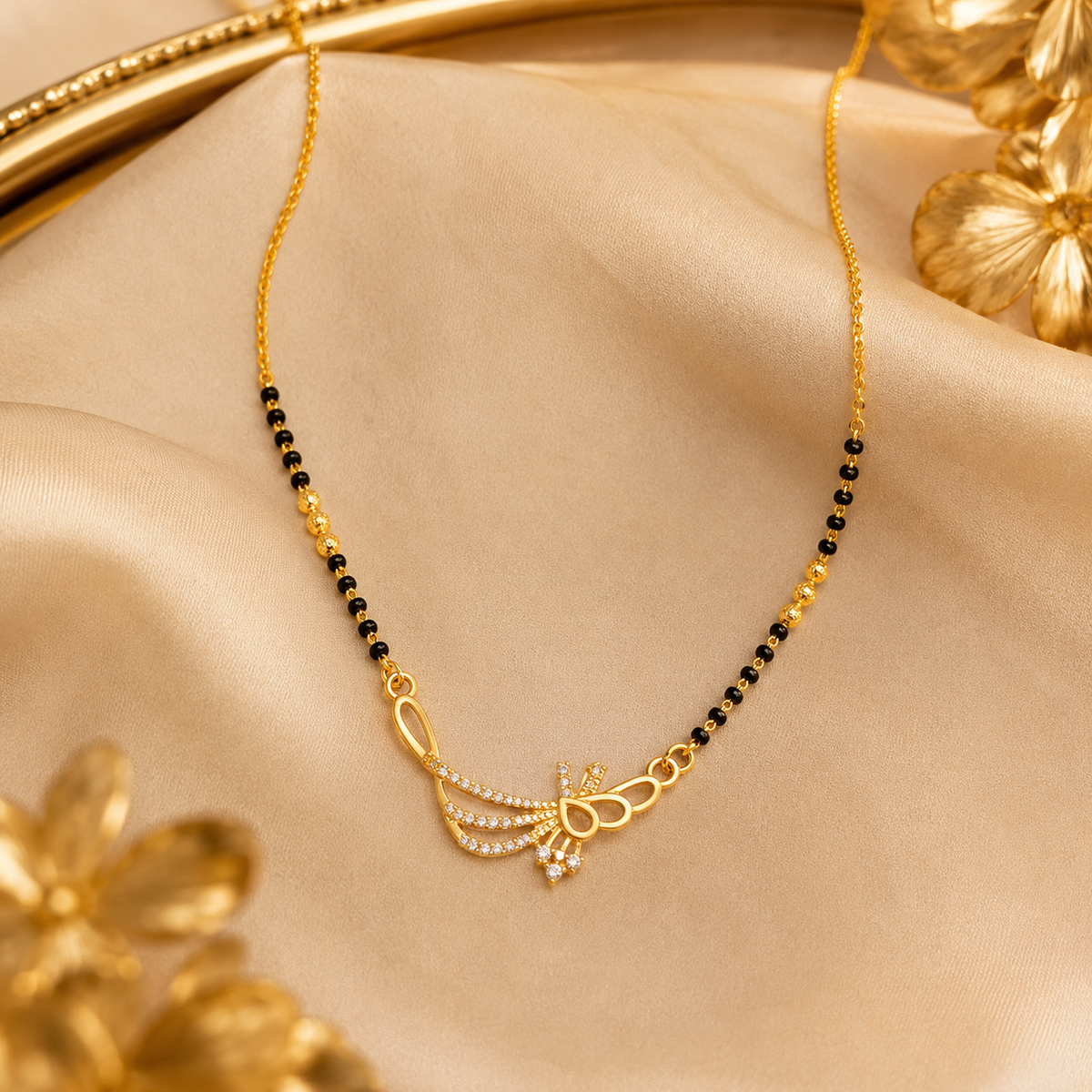 Gold Plated Black Beads Butterfly Pendant Mangalsutra Necklace for Women