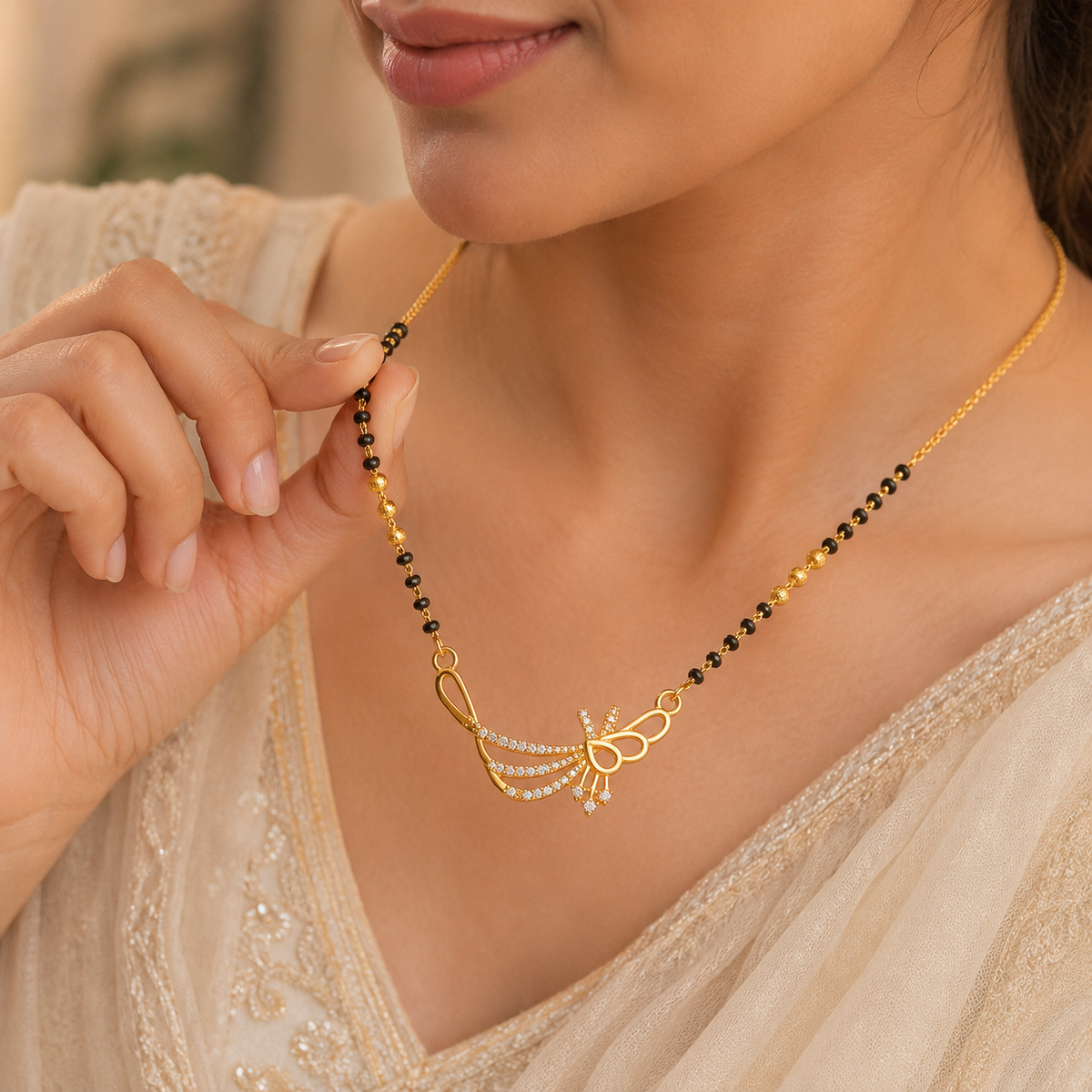 Gold Plated Black Beads Butterfly Pendant Mangalsutra Necklace for Women