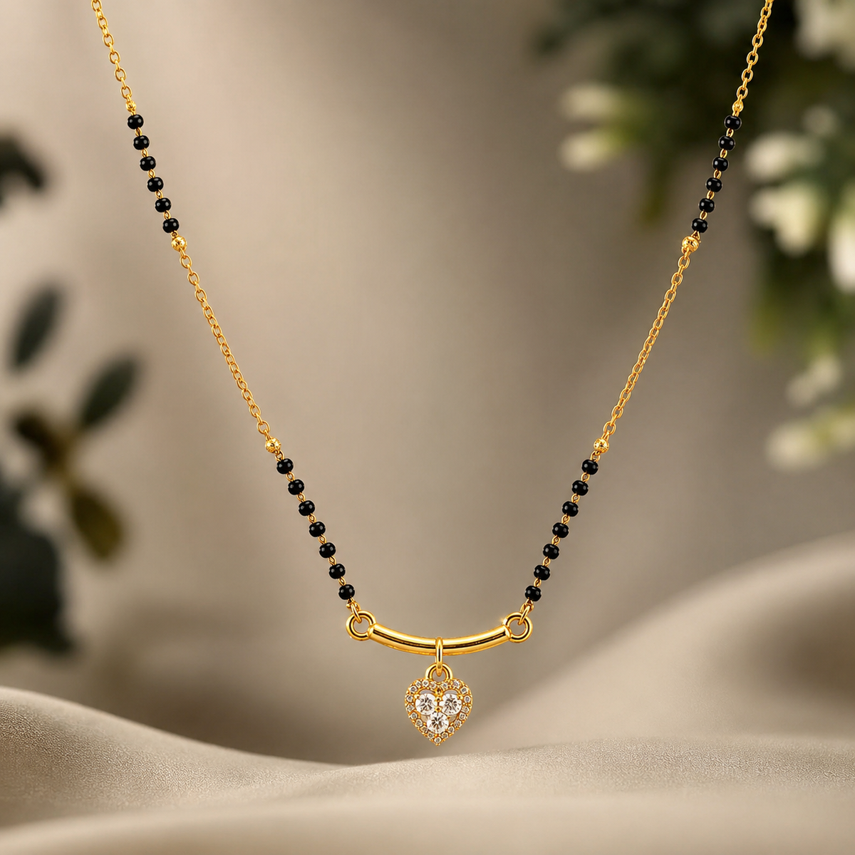 Gold Plated Black Beads Heart Pendant Mangalsutra Necklace for Women