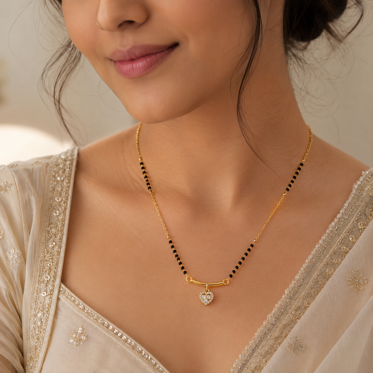 Gold Plated Black Beads Heart Pendant Mangalsutra Necklace for Women