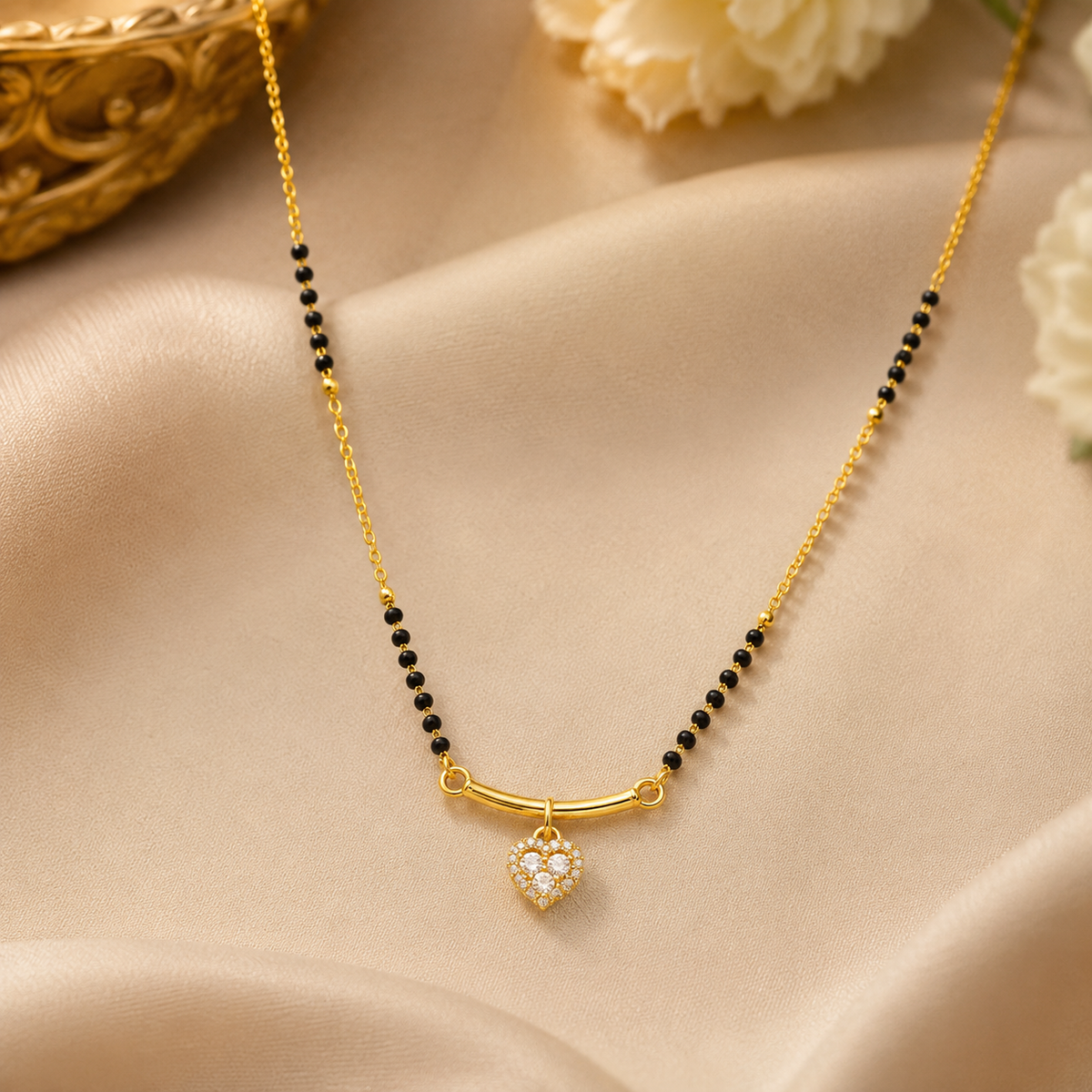 Gold Plated Black Beads Heart Pendant Mangalsutra Necklace for Women