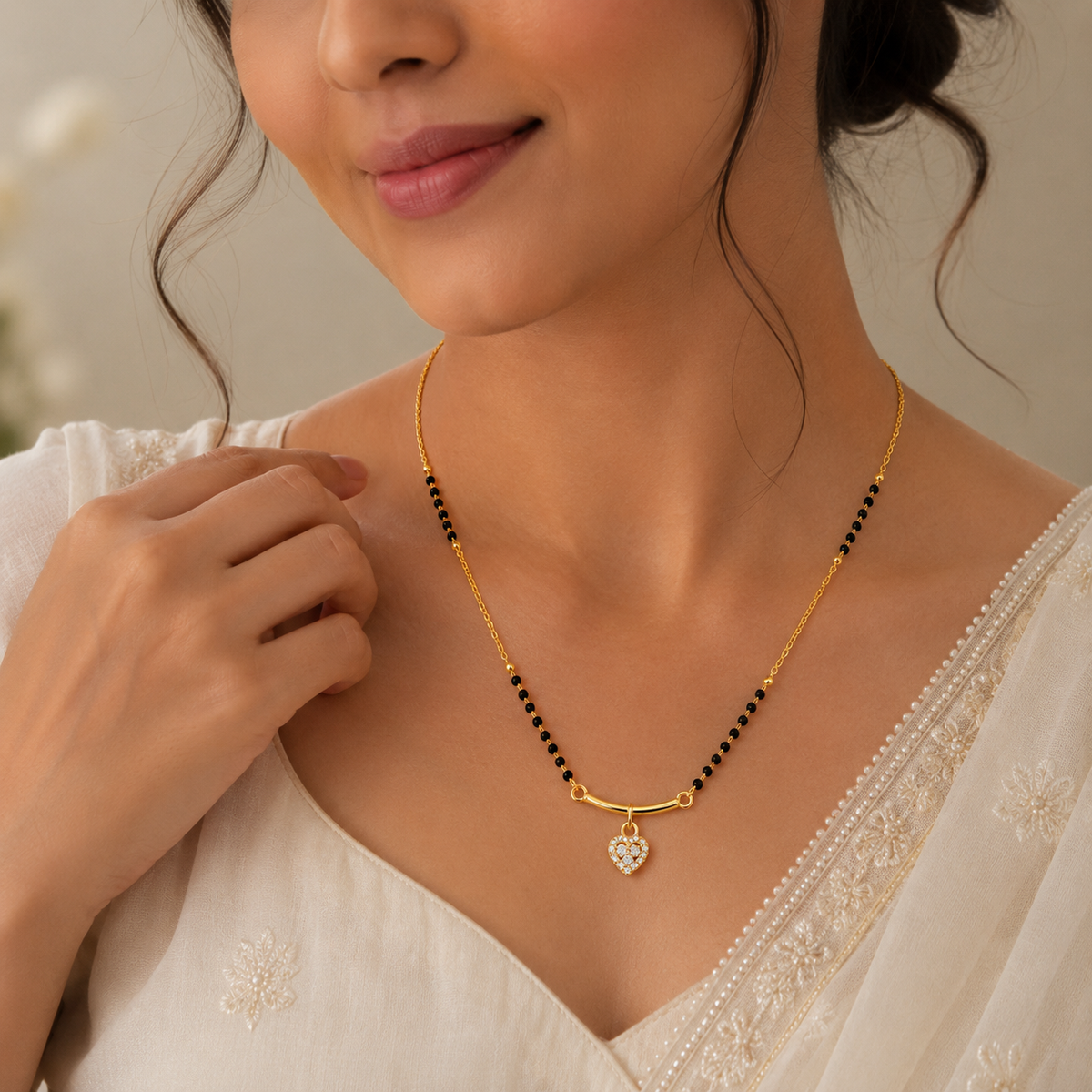 Gold Plated Black Beads Heart Pendant Mangalsutra Necklace for Women