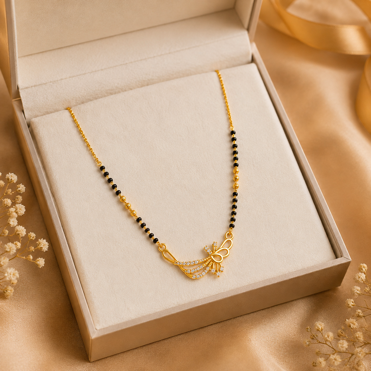 Gold Plated Black Beads Butterfly Pendant Mangalsutra Necklace for Women