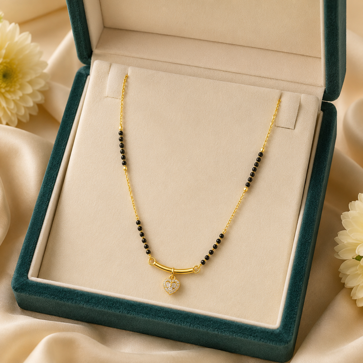 Gold Plated Black Beads Heart Pendant Mangalsutra Necklace for Women