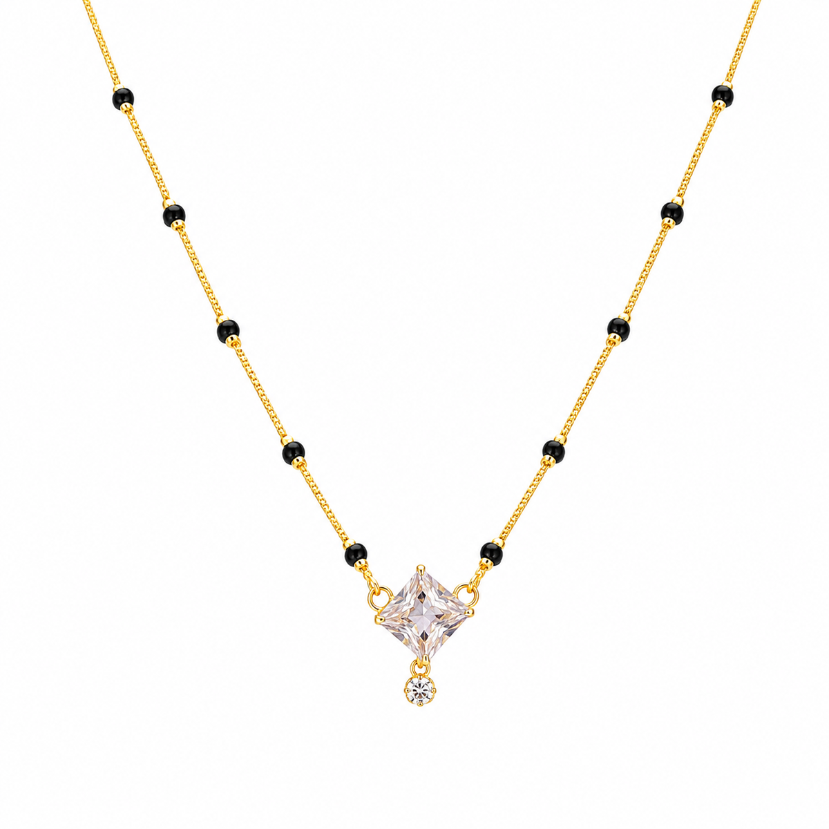 Gold Plated Black Beads Square Crystal Pendant Mangalsutra Necklace for Women