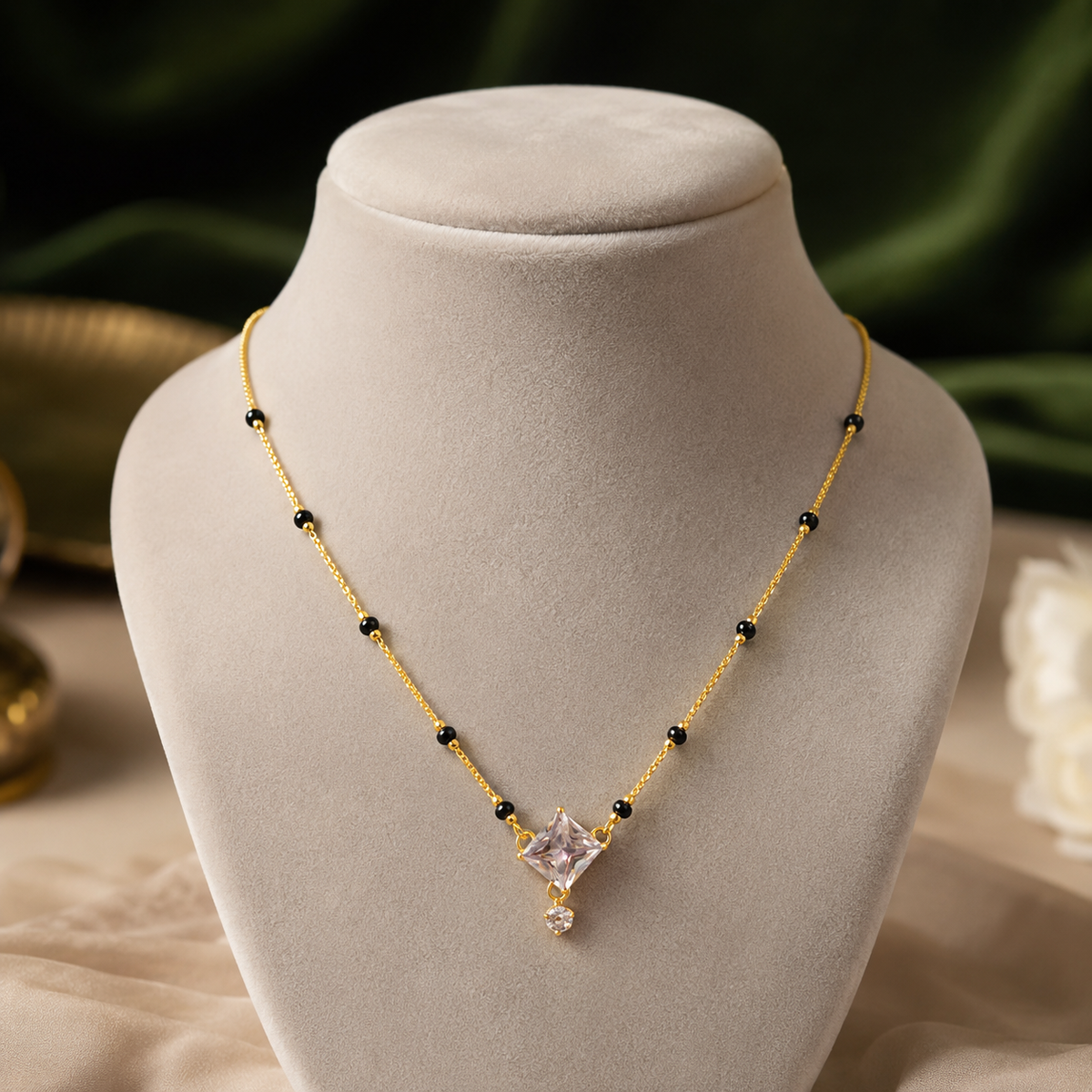 Gold Plated Black Beads Square Crystal Pendant Mangalsutra Necklace for Women
