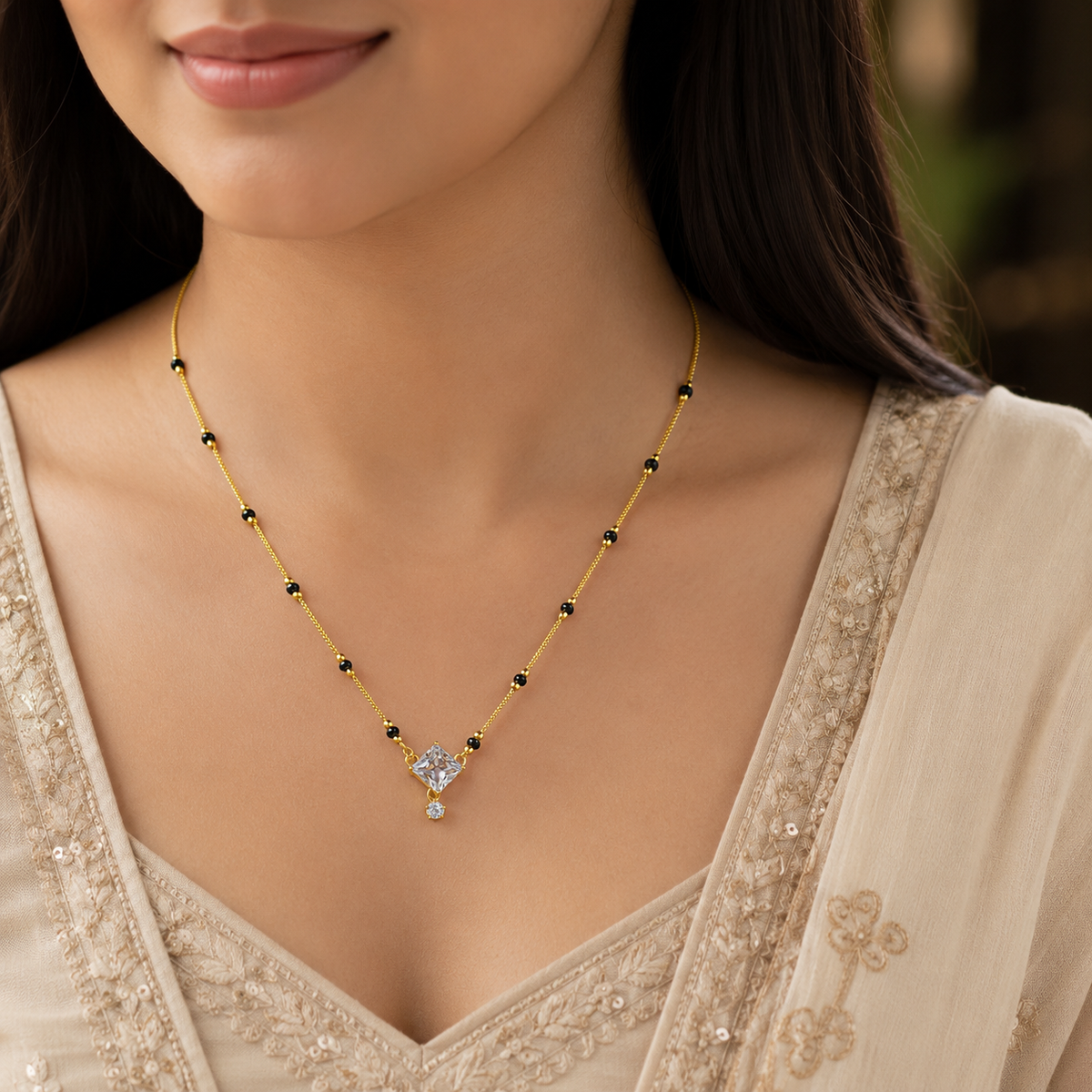 Gold Plated Black Beads Square Crystal Pendant Mangalsutra Necklace for Women