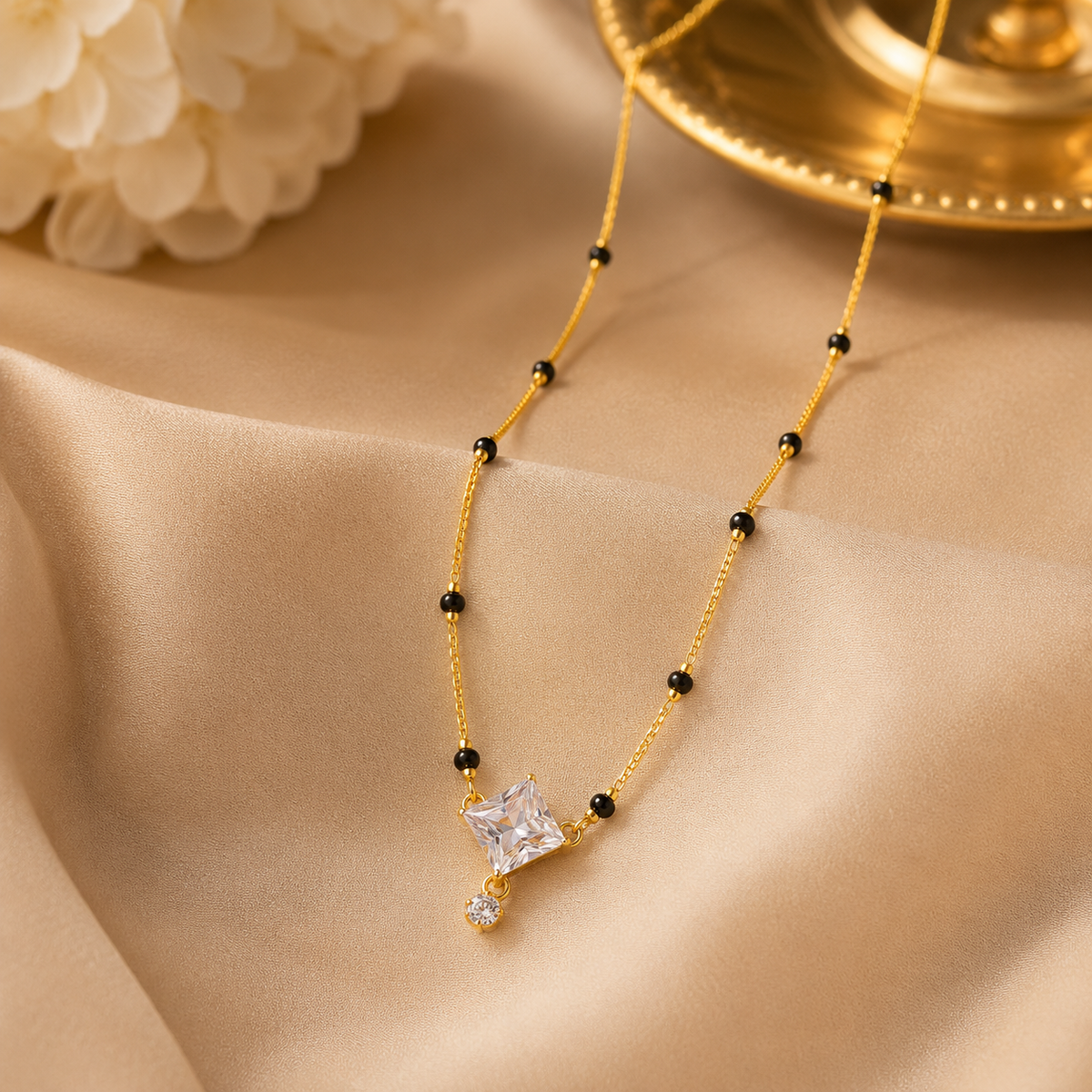 Gold Plated Black Beads Square Crystal Pendant Mangalsutra Necklace for Women