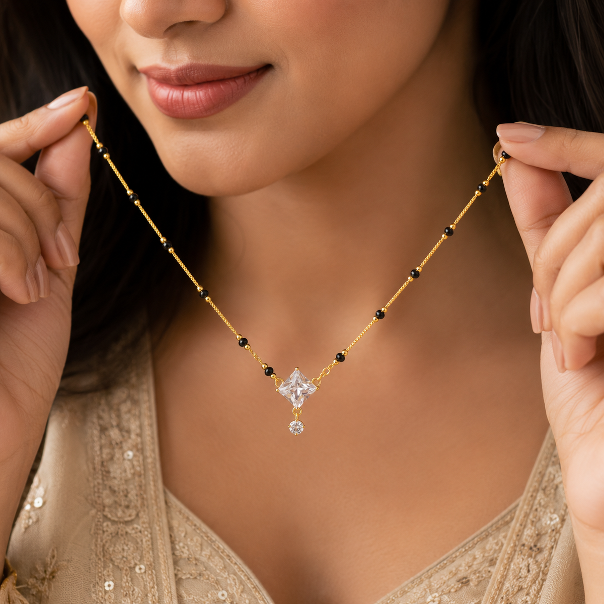 Gold Plated Black Beads Square Crystal Pendant Mangalsutra Necklace for Women