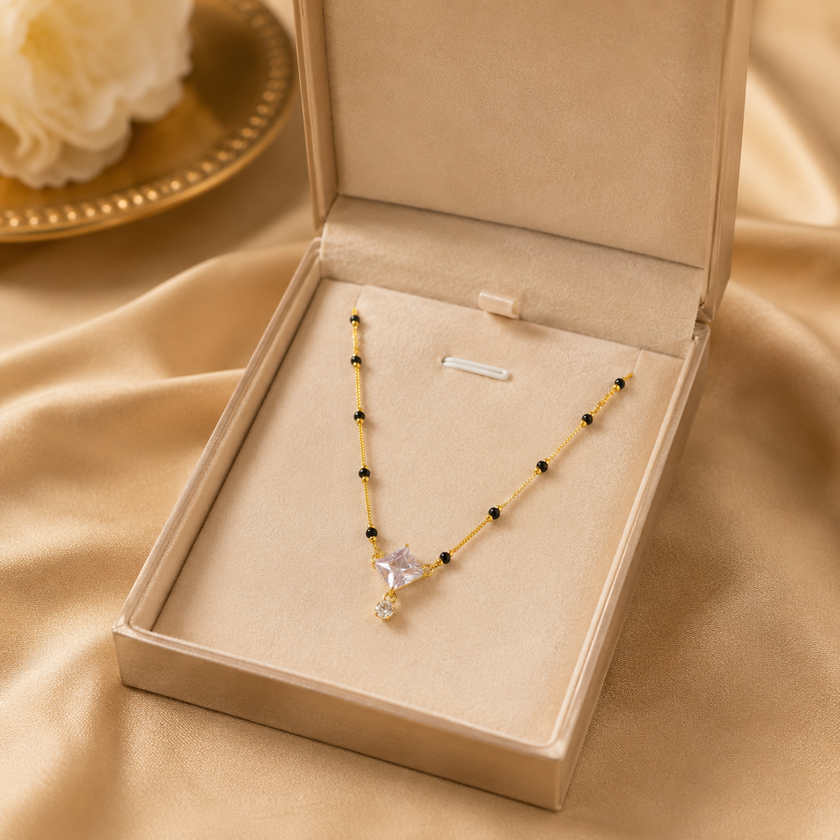 Gold Plated Black Beads Square Crystal Pendant Mangalsutra Necklace for Women