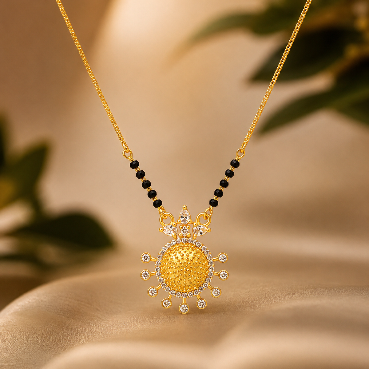 Gold Plated Black Beads Designer Round Pendant Mangalsutra Necklace for Women