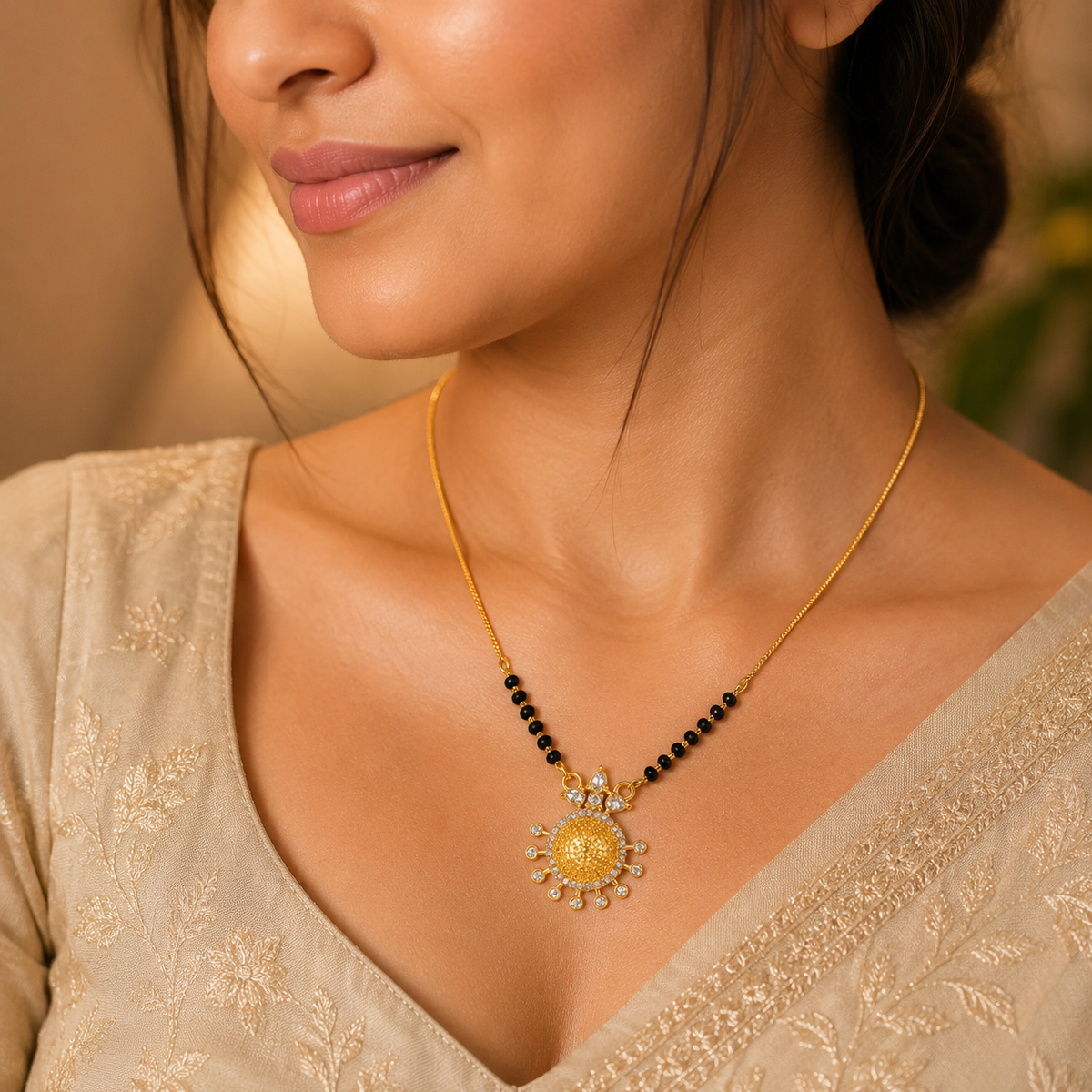 Gold Plated Black Beads Designer Round Pendant Mangalsutra Necklace for Women