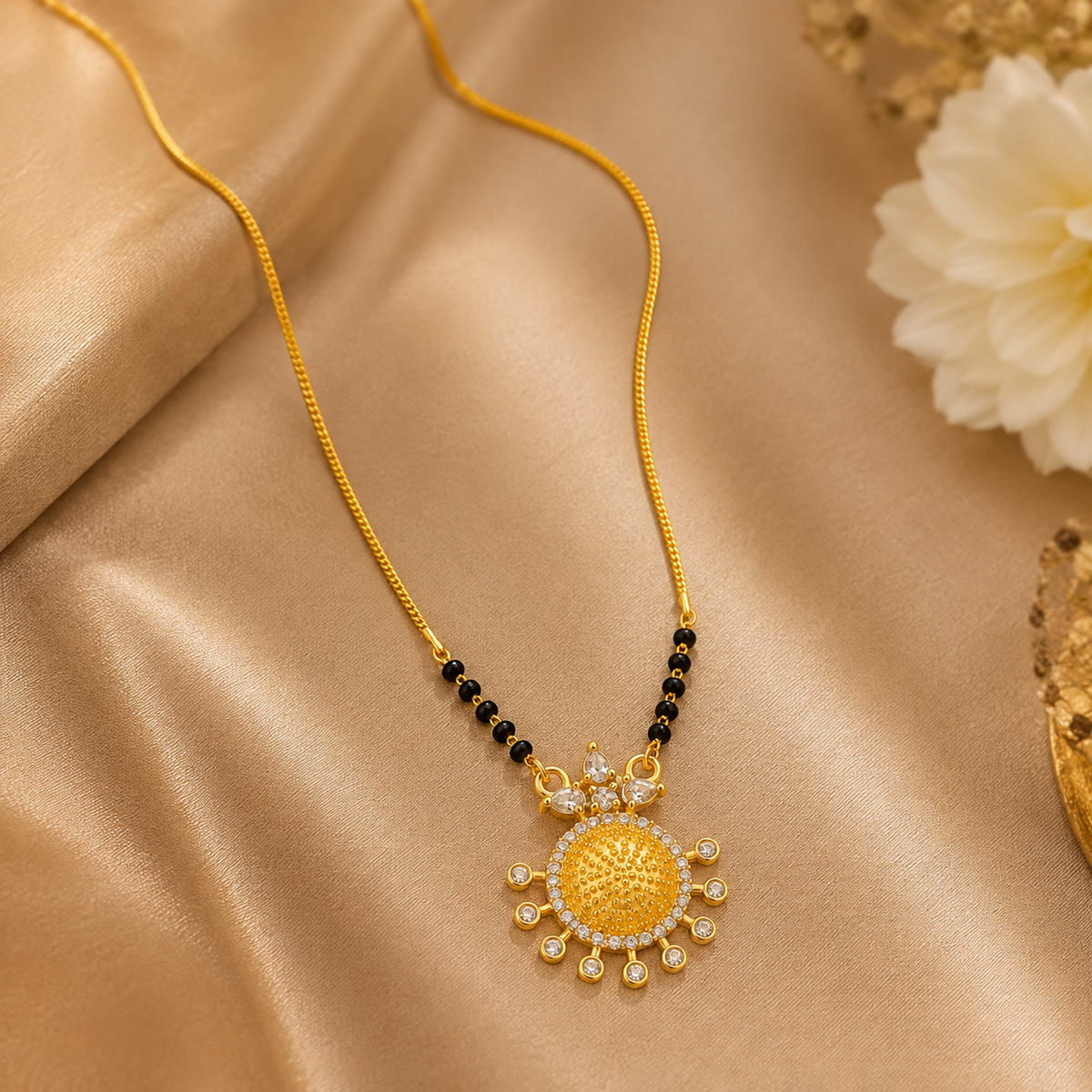 Gold Plated Black Beads Designer Round Pendant Mangalsutra Necklace for Women