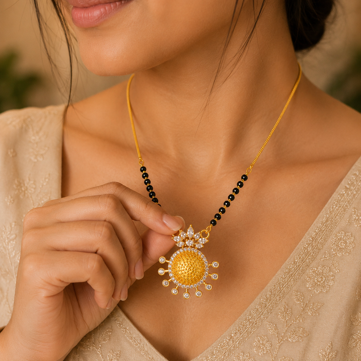 Gold Plated Black Beads Designer Round Pendant Mangalsutra Necklace for Women