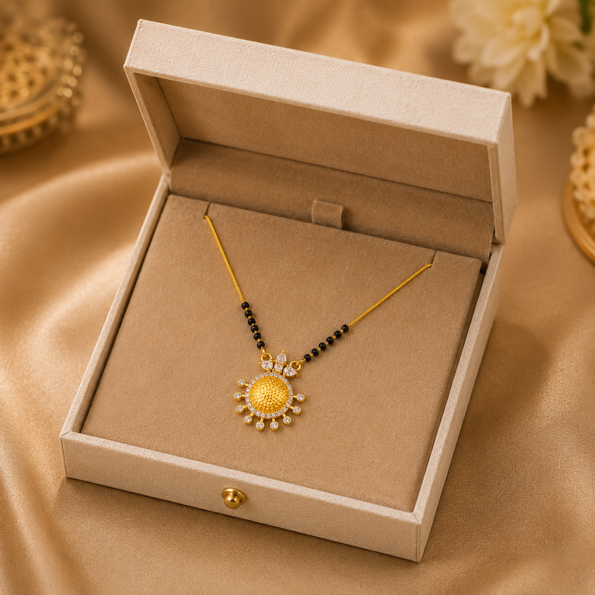 Gold Plated Black Beads Designer Round Pendant Mangalsutra Necklace for Women