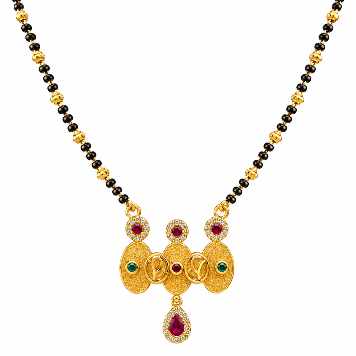 Gold Plated Black Beads Designer Multicolor Stone Pendant Mangalsutra Necklace for Women