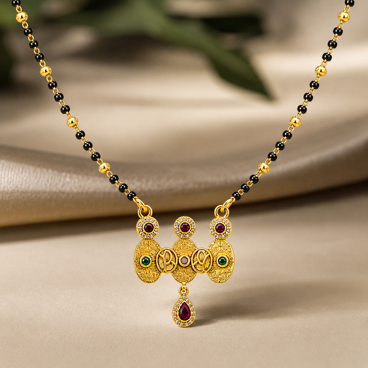 Gold Plated Black Beads Designer Multicolor Stone Pendant Mangalsutra Necklace for Women