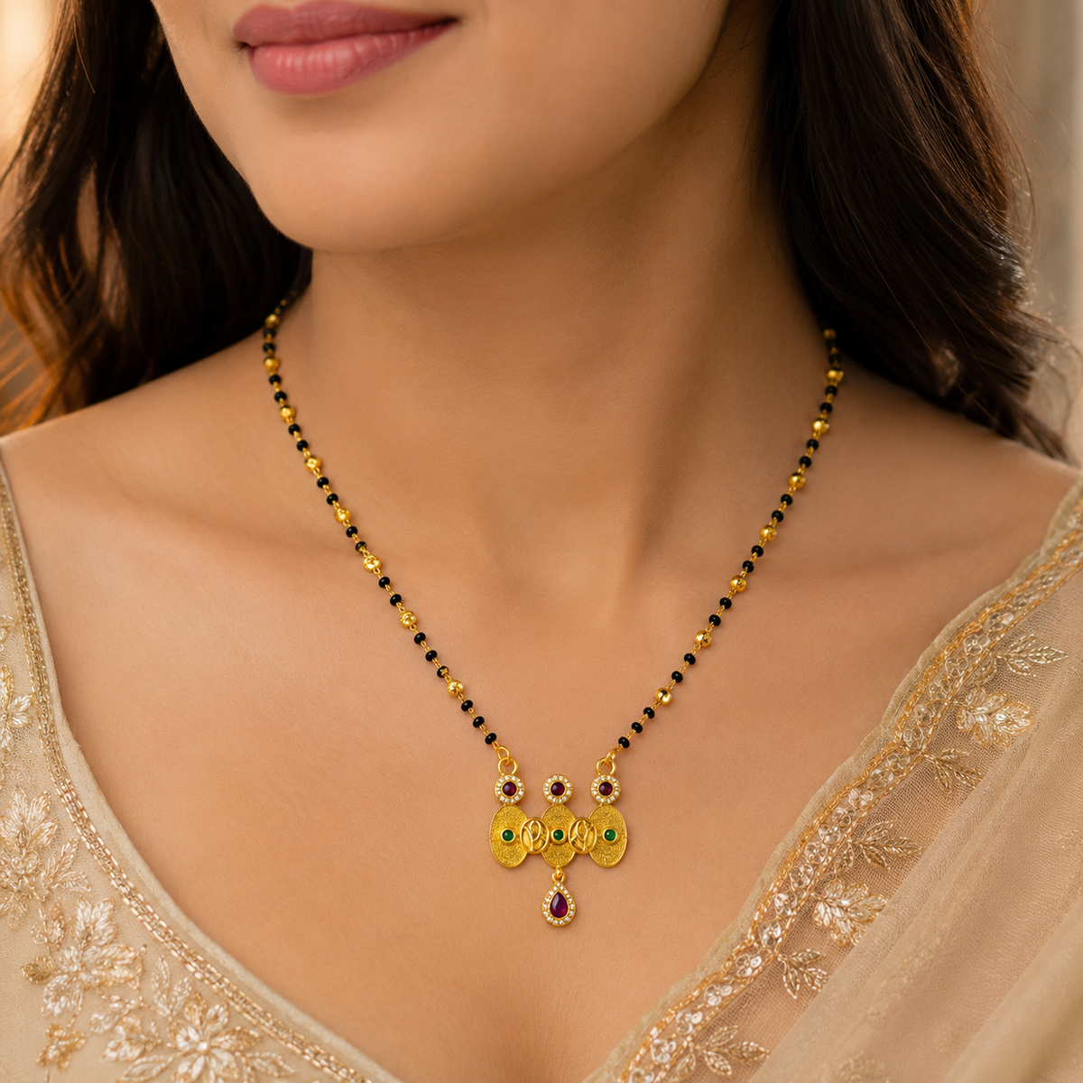 Gold Plated Black Beads Designer Multicolor Stone Pendant Mangalsutra Necklace for Women