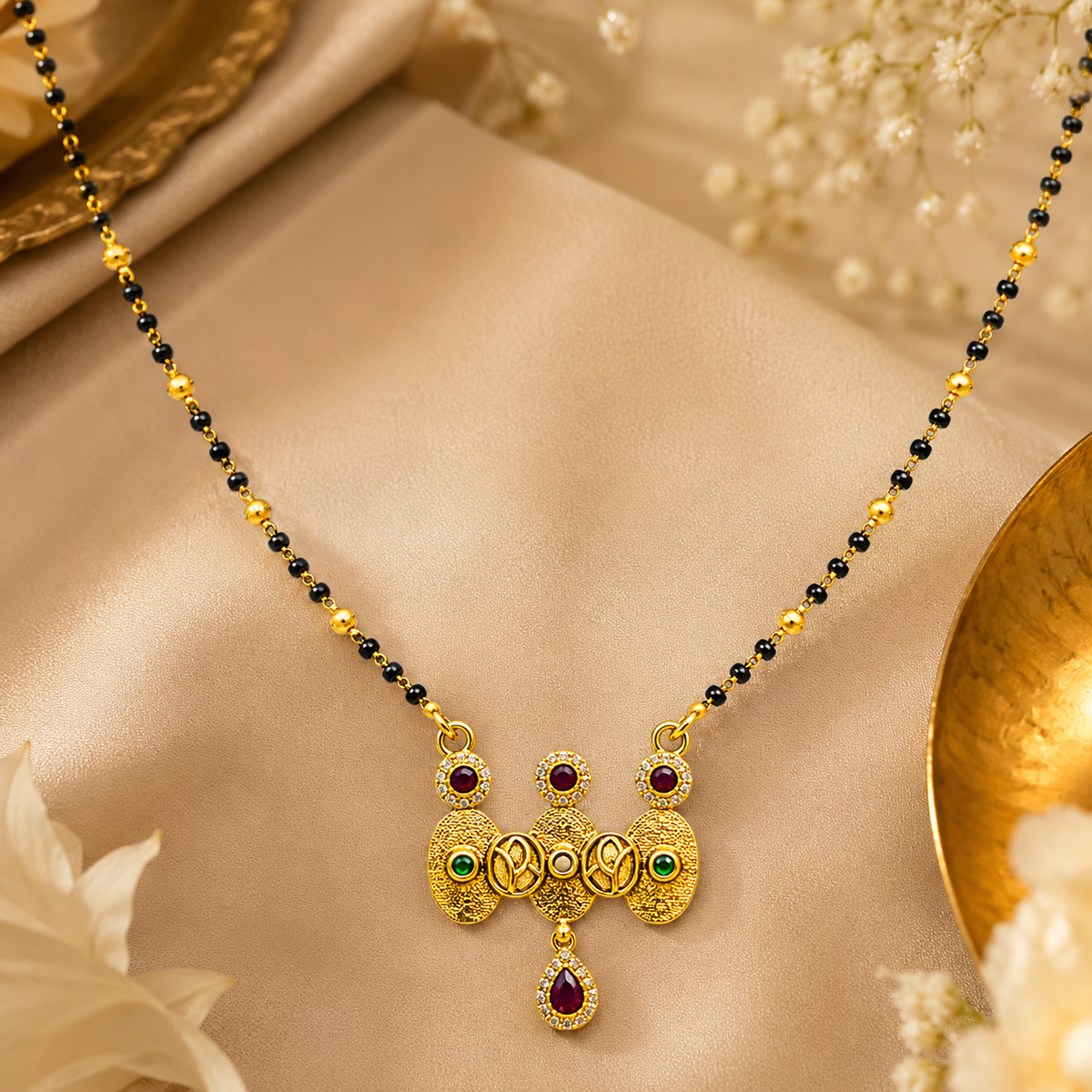 Gold Plated Black Beads Designer Multicolor Stone Pendant Mangalsutra Necklace for Women