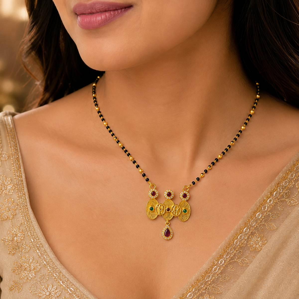 Gold Plated Black Beads Designer Multicolor Stone Pendant Mangalsutra Necklace for Women