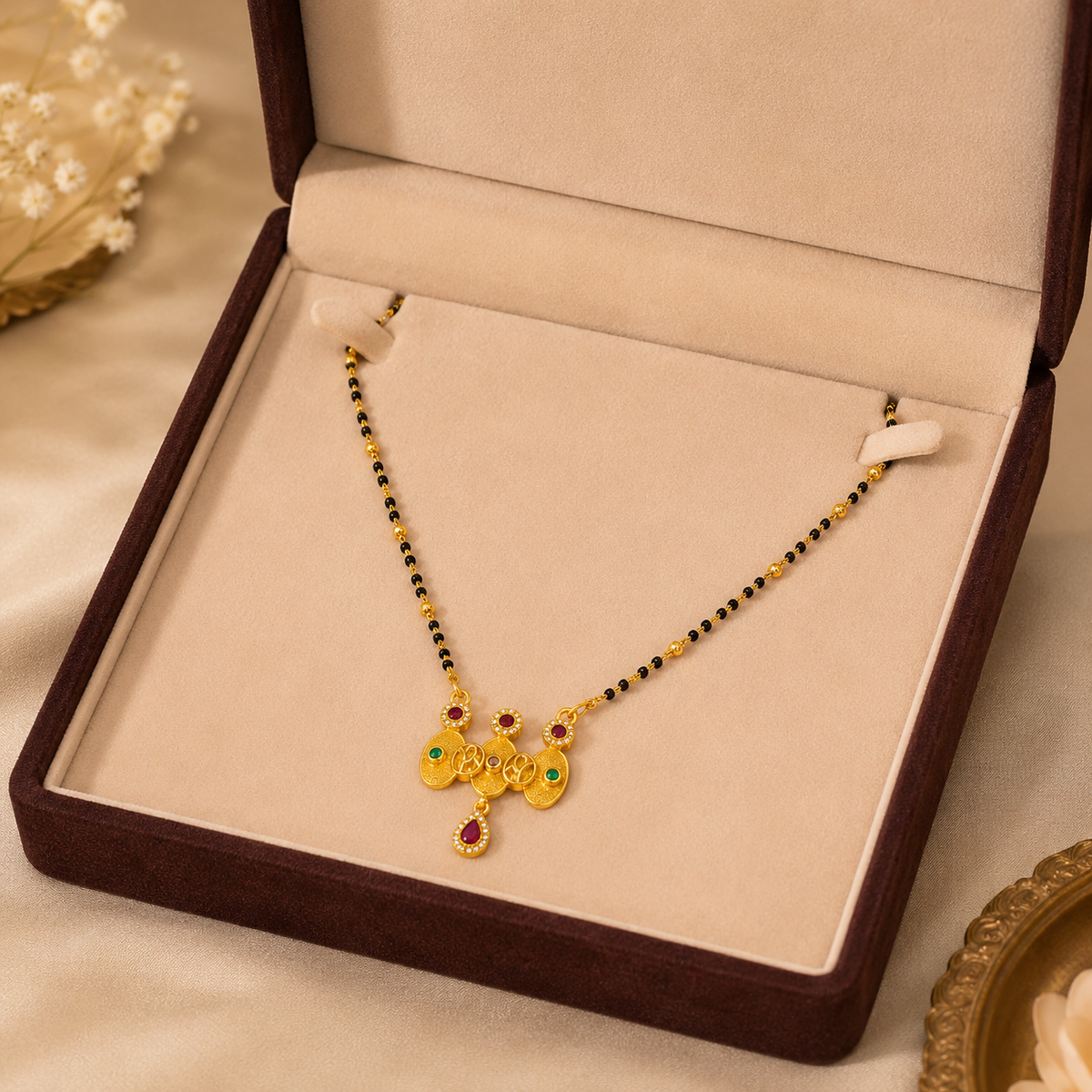 Gold Plated Black Beads Designer Multicolor Stone Pendant Mangalsutra Necklace for Women