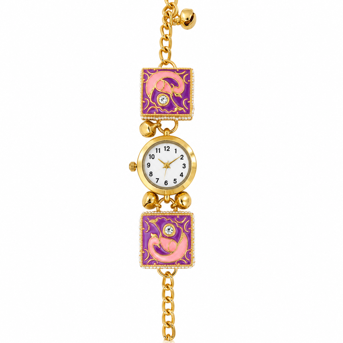 Women's Analog Quartz Decorative Ethnic Wrist Watch Gold Tone with Purple Pink Embellished Design